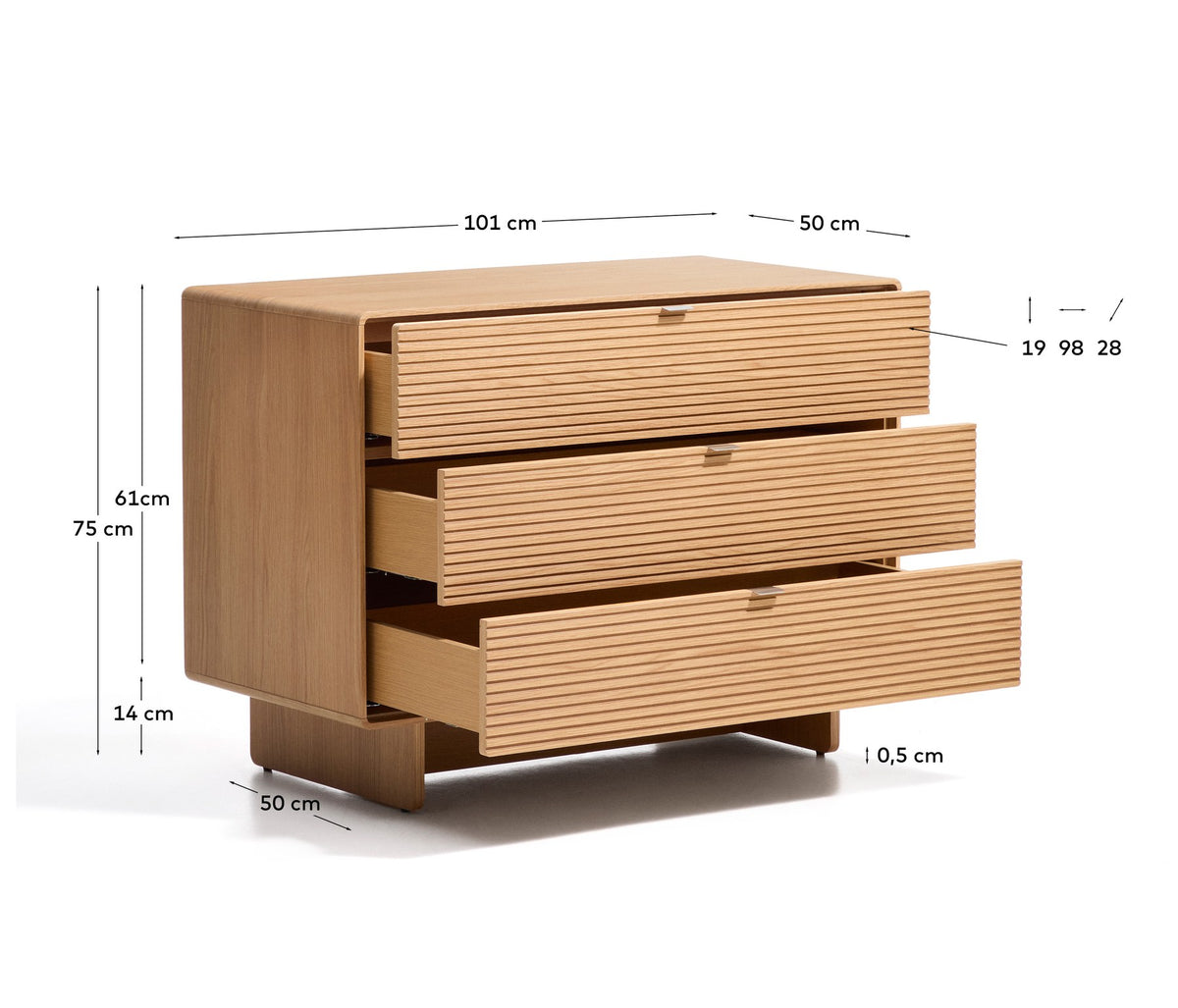 Braune Kommode Norlen mit 3 Schubladen aus Eichenfurnier und MDF, abgerundete Ecken, Griffe aus gebürstetem Edelstahl, Stellfüssen.