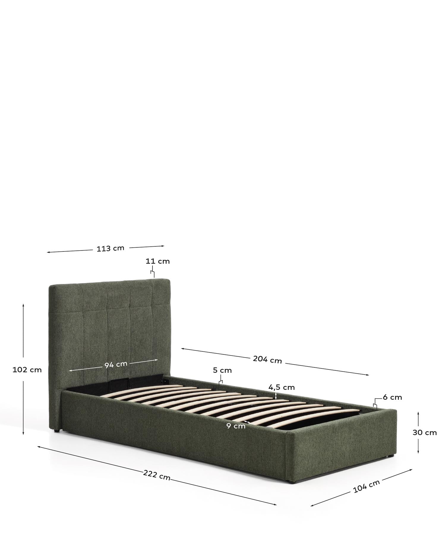 Bett mit klappbarem Bettkasten Darnela in moosgrüner Chenille für Matratzen 90 x 200 cm in Grün präsentiert im Onlineshop von KAQTU Design AG. Bett ist von Kave Home