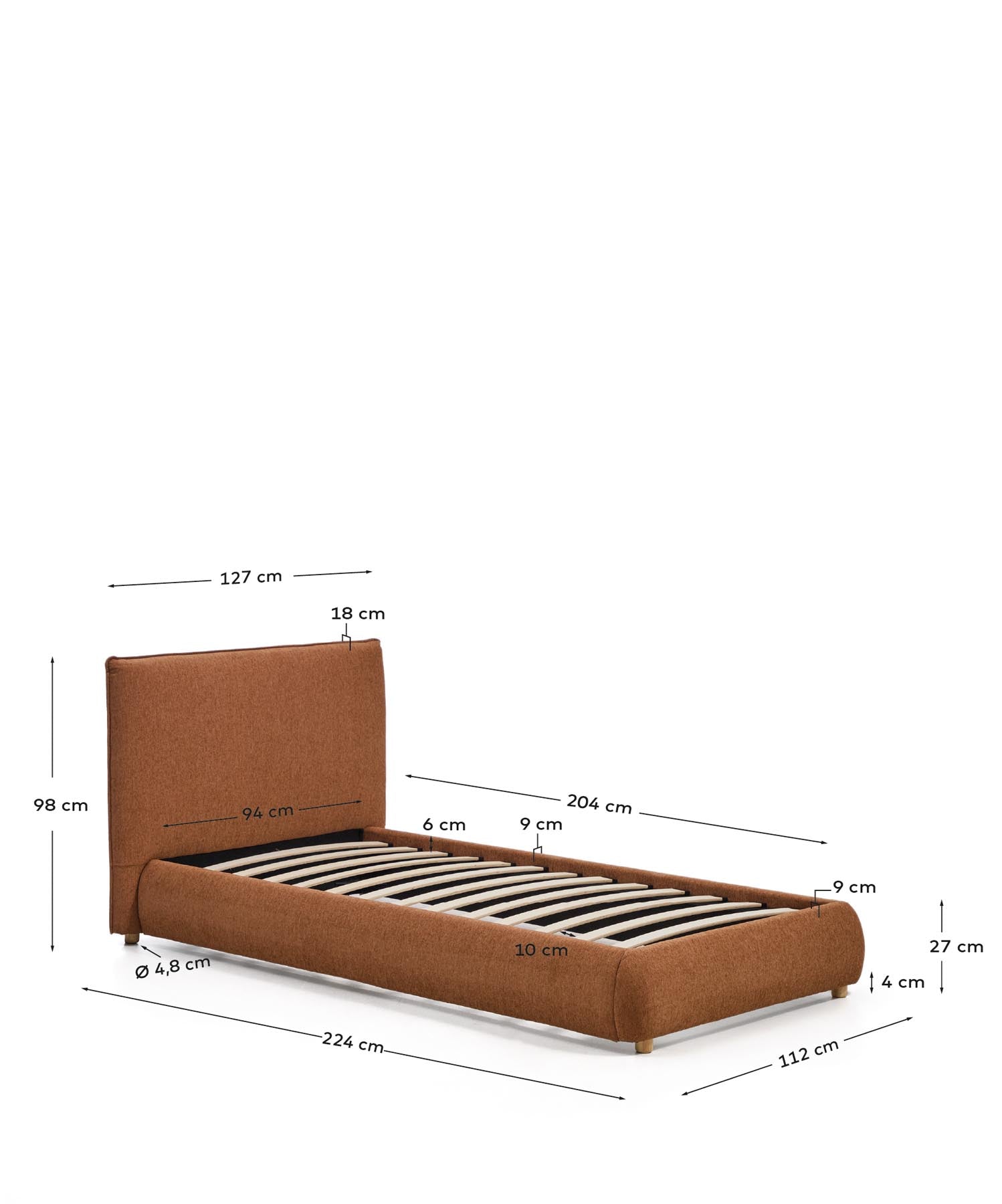 Bett Elerio mit dezent kupferfarbener Chenille für Matratzengrösse 90 x 200 cm in Terrakotta präsentiert im Onlineshop von KAQTU Design AG. Bett ist von Kave Home