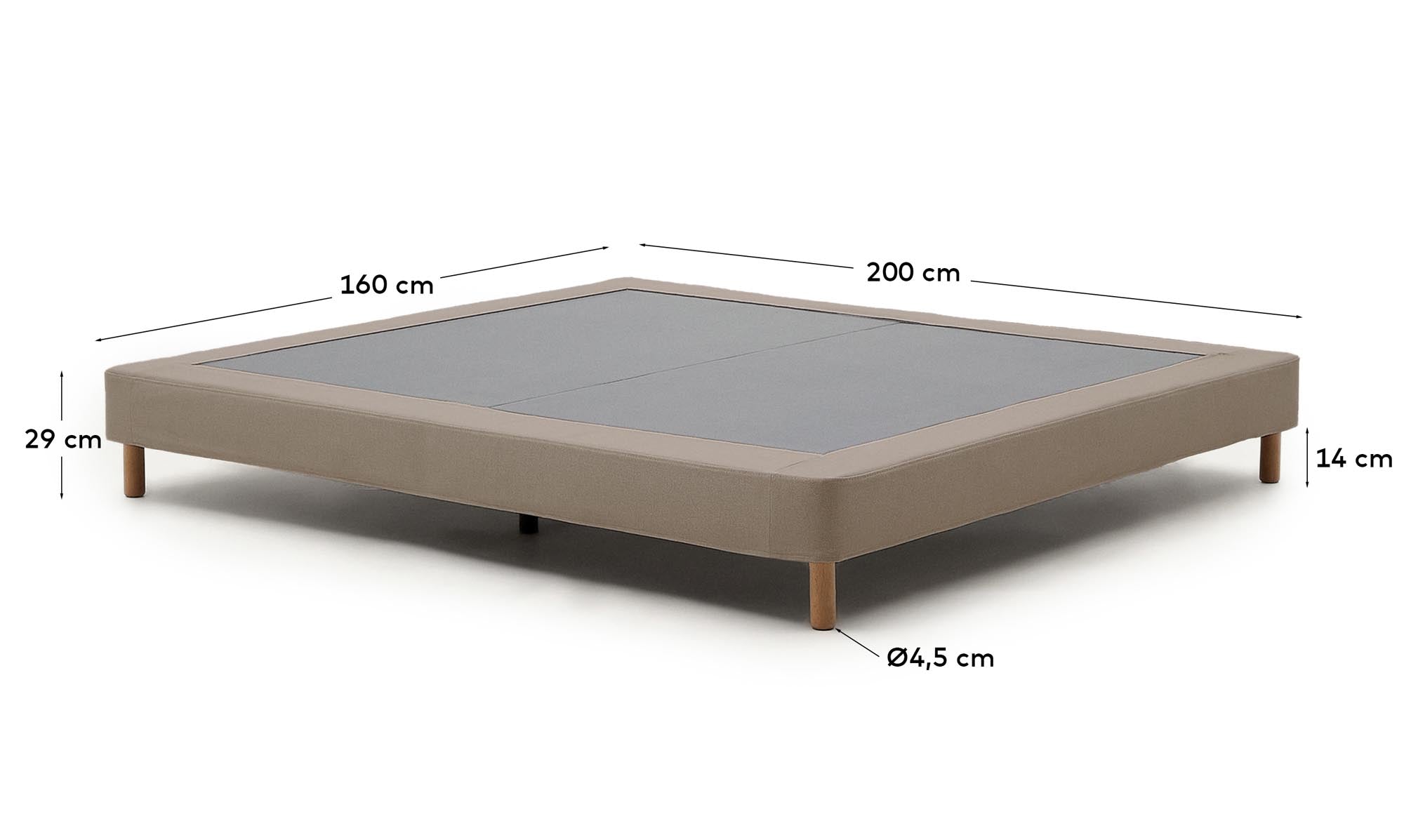 Stilvolles Bettgestell Ofelia in Braun, ausgestattet mit einem abnehmbaren Bezug und robusten Buchenholzbeinen, passend für Matratzen der Größe 160 x 200 cm.
