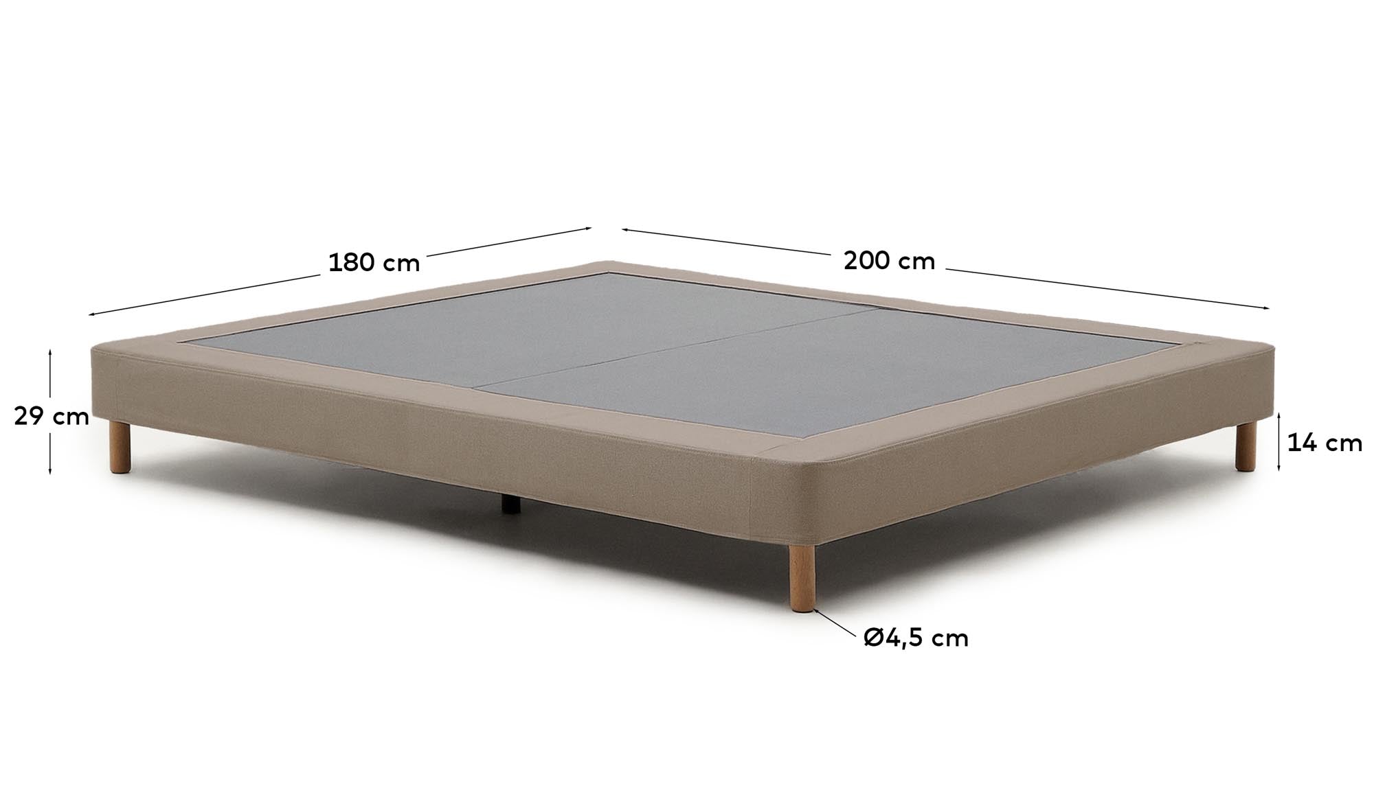 Stilvolles Bettgestell Ofelia in sanftem Braun, ausgestattet mit einem abnehmbaren Bezug und stabilen Beinen aus massivem Buchenholz, passend für 180 x 200 cm Matratzen.