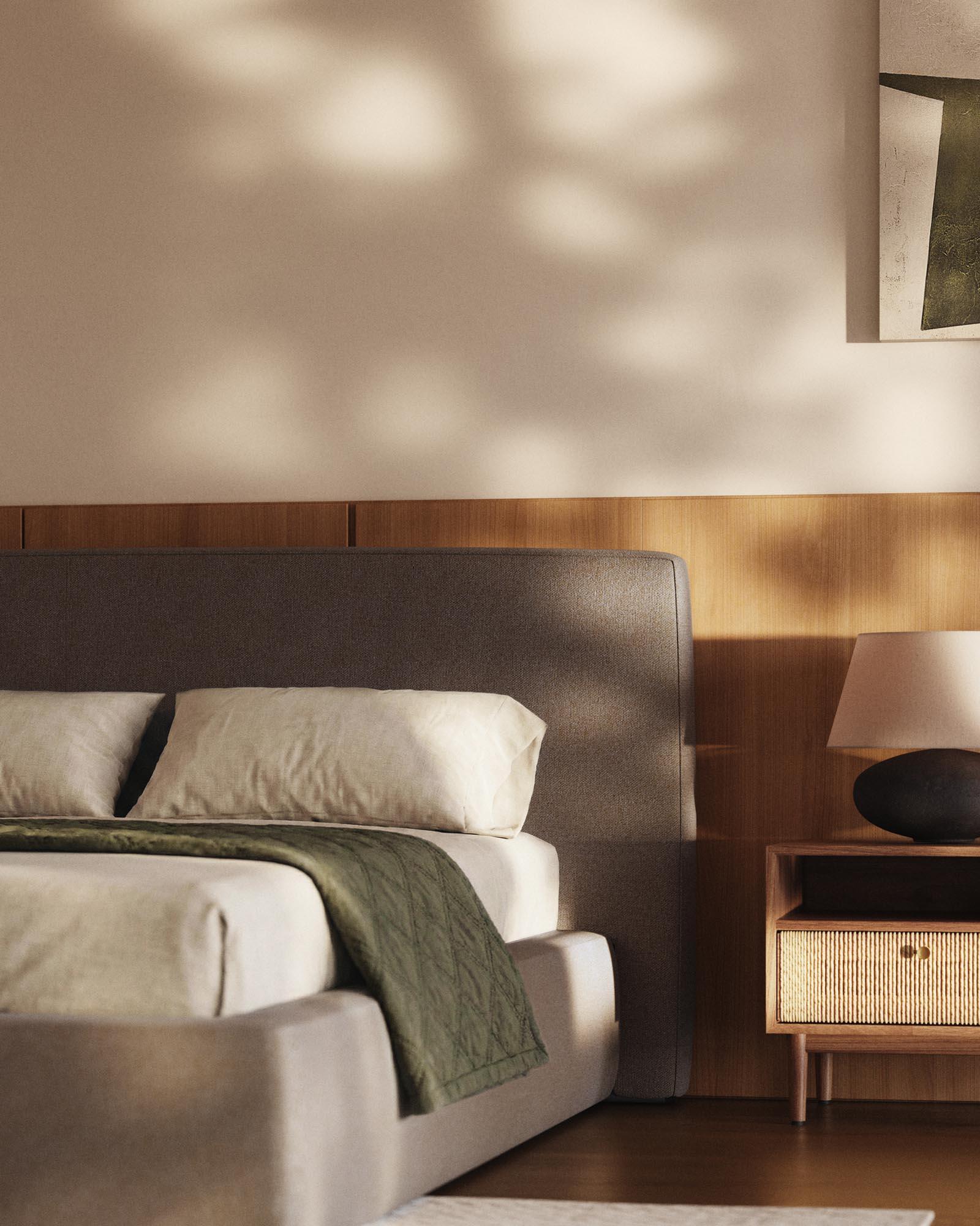 Elegantes abziehbares Bett Blok in warmem Braun, geeignet für Matratzengröße 180 x 200 cm, umweltfreundlich mit FSC Mix Credit.