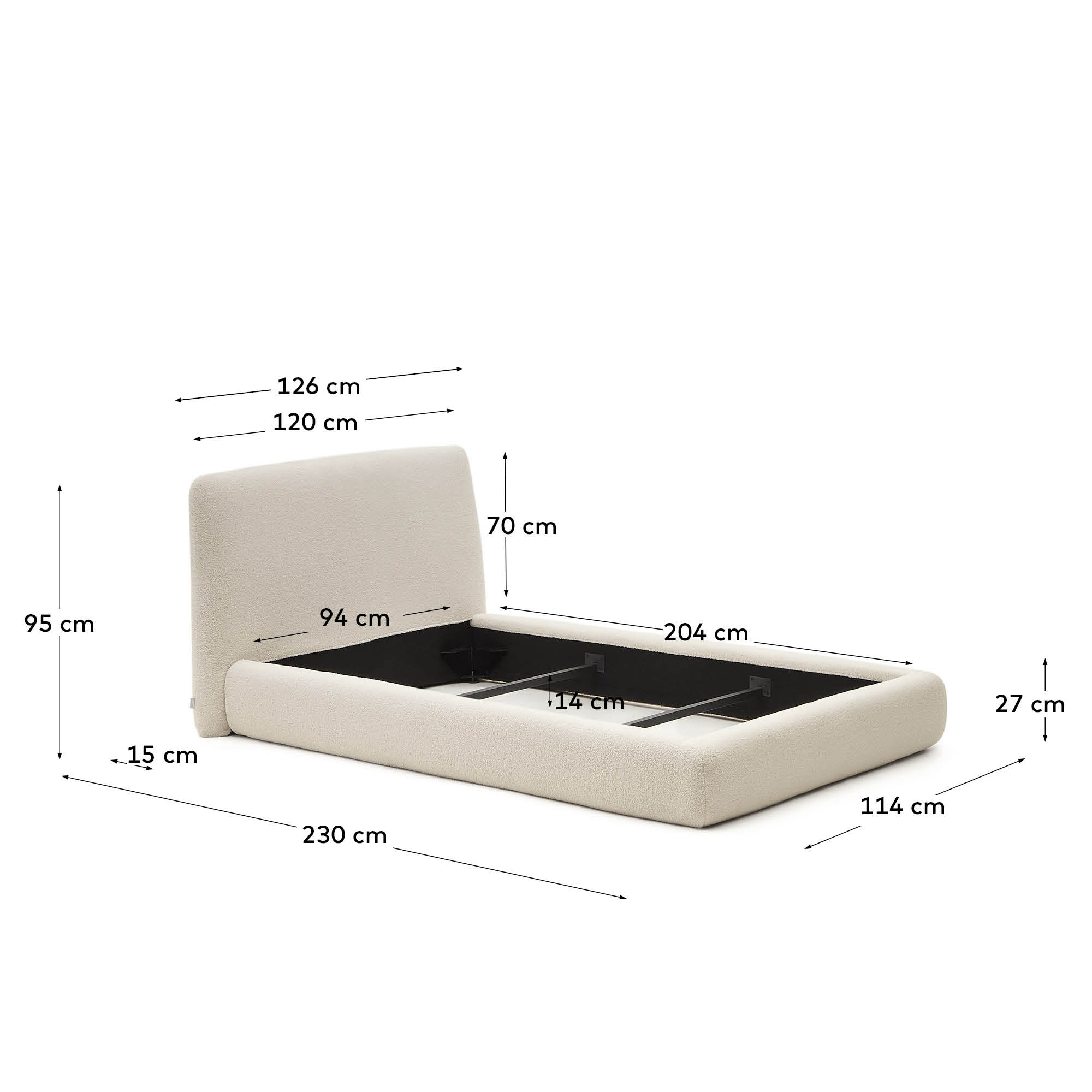 Stilvolles Martina Bett in Ecru mit luxuriösem Bouclé-Bezug. Pflegeleicht, abnehmbar und perfekt für 90 x 200 cm Matratzen. Umweltfreundlich von Kave Home.