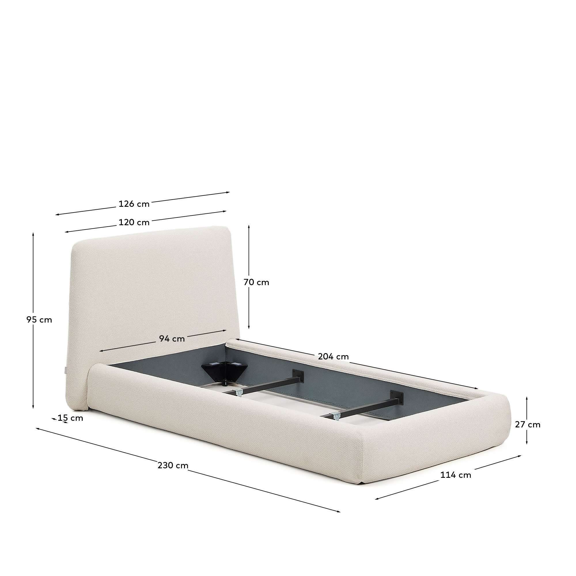 Entdecken Sie das elegante Bett Martina von Kave Home. Mit abziehbarem Bezug aus ecrufarbener Chenille, ideal für erholsamen Schlaf und stilvolle Räume.