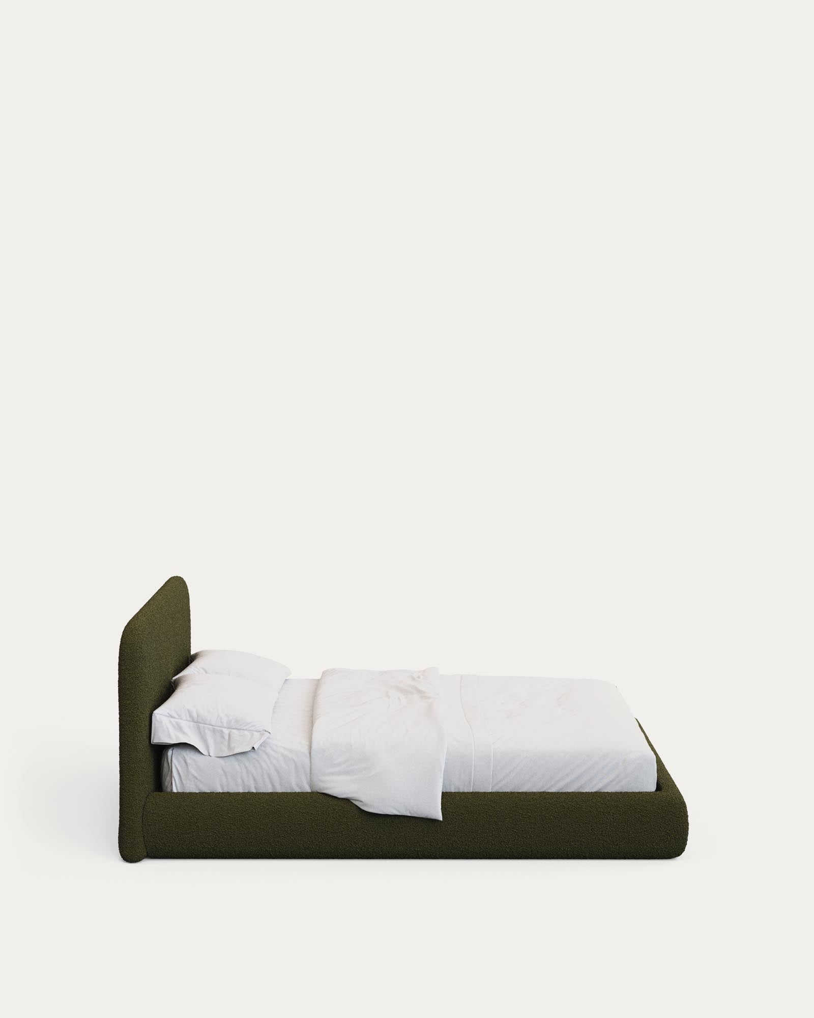 Stilvolles Bett Martina in dunklem Grün, ausgestattet mit abnehmbarem Lammfellimitat, passend für Matratzengröße 180 x 200 cm, nachhaltig produziert.