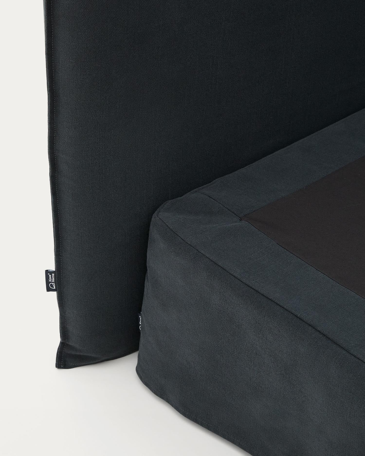 Elegantes Bett Jaira in Anthrazitgrau, ausgestattet mit abnehmbarem Leinen-Baumwollbezug. Perfekt für 150x190 cm Matratzen, pflegeleicht und stilvoll.