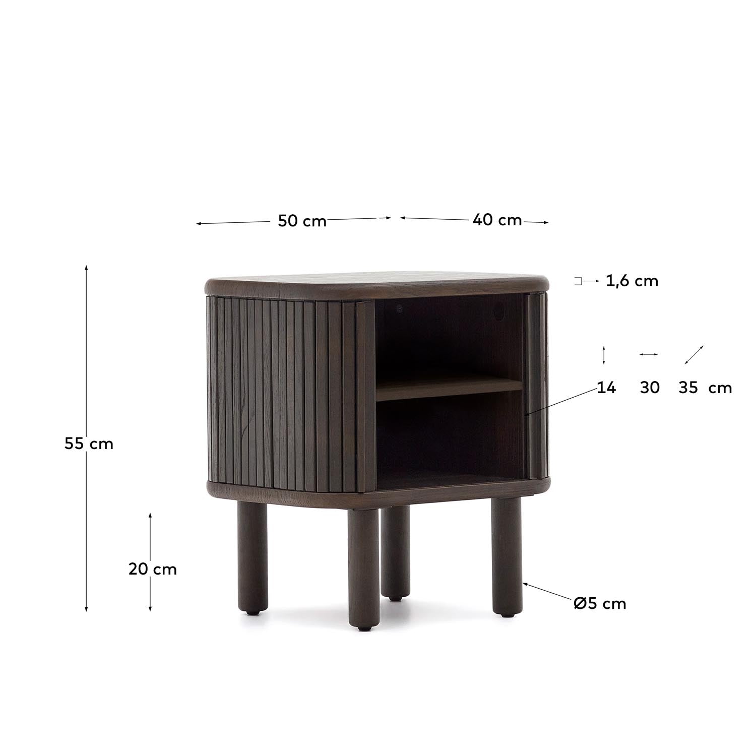 Eleganter Nachttisch Mailen von Kave Home aus Eschenfurnier, 50 x 55 cm, dunkles Finish, ideal für stilvolle Schlafzimmer und nachhaltige Einrichtung.