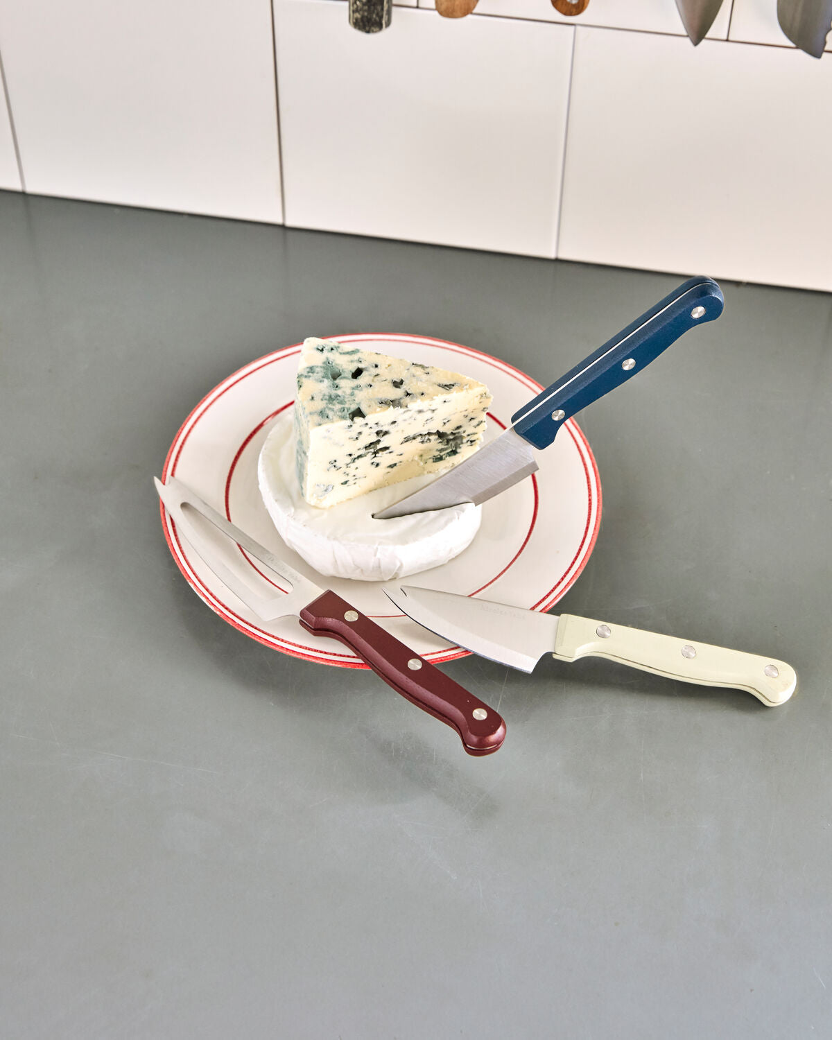 Elegantes Käsemesser von Nicolas Vahé in Weiß, Blau und Rot, ideal für stilvolles Servieren und Genießen von Käse.