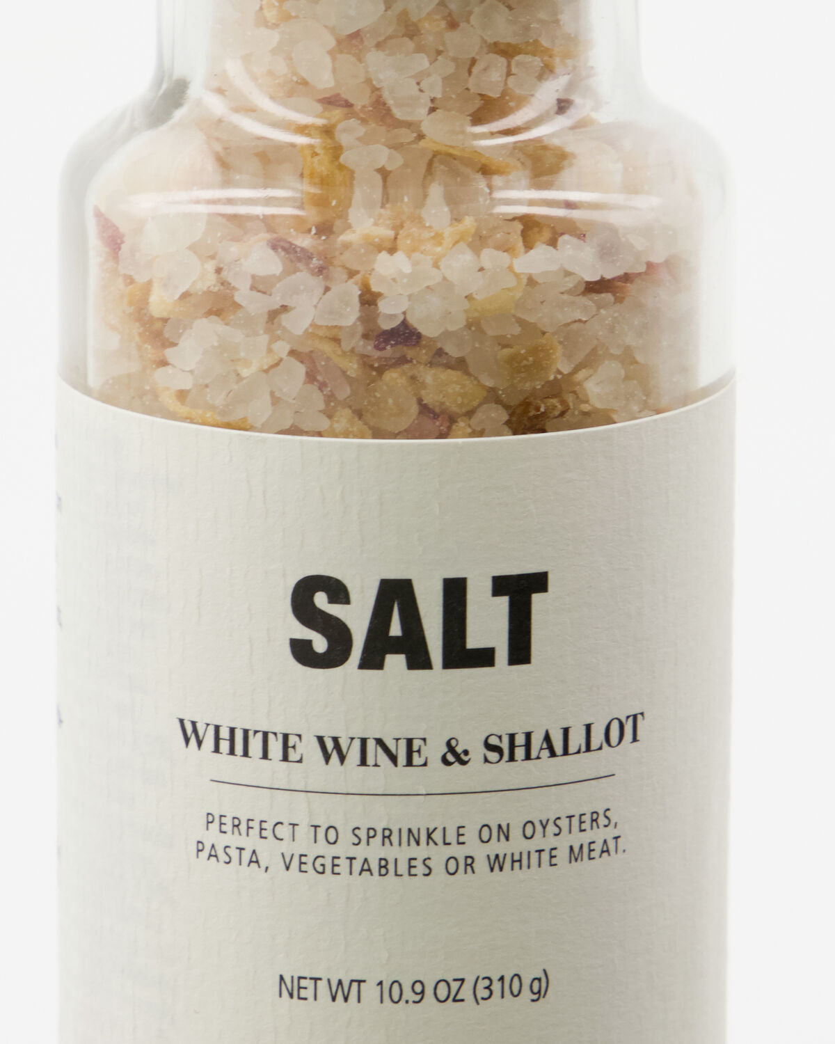 Elegantes Glas mit 310 g Salz, verfeinert mit Weißwein und Schalotten, perfekt für kreative Kochideen und besondere Anlässe.
