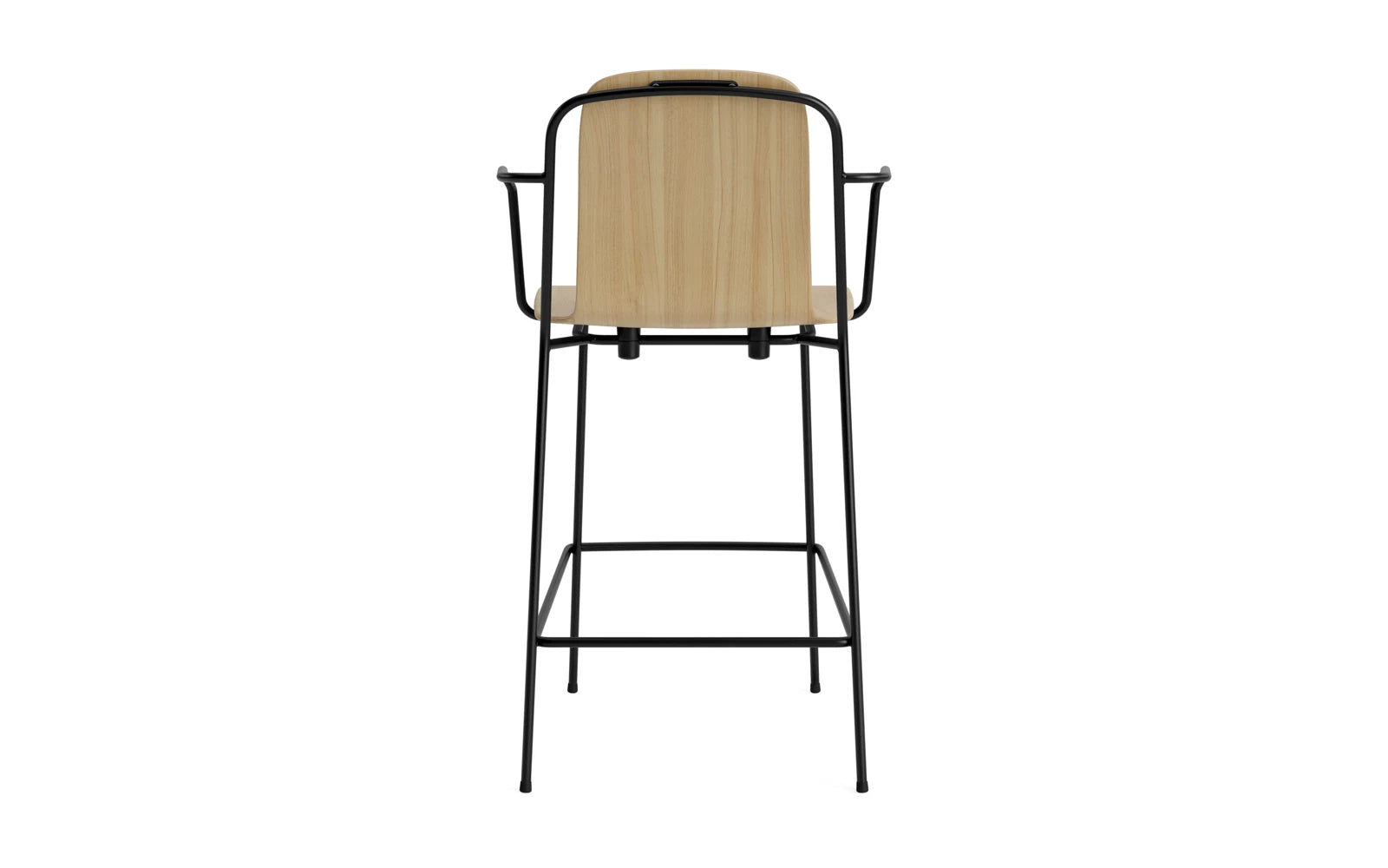 Entdecken Sie den eleganten Studio Barstuhl mit Armlehne von Normann Copenhagen. Mit 65 cm Sitzhöhe und einer stilvollen Kombination aus schwarzem Stahl und Eiche ist er ideal für jeden Raum.