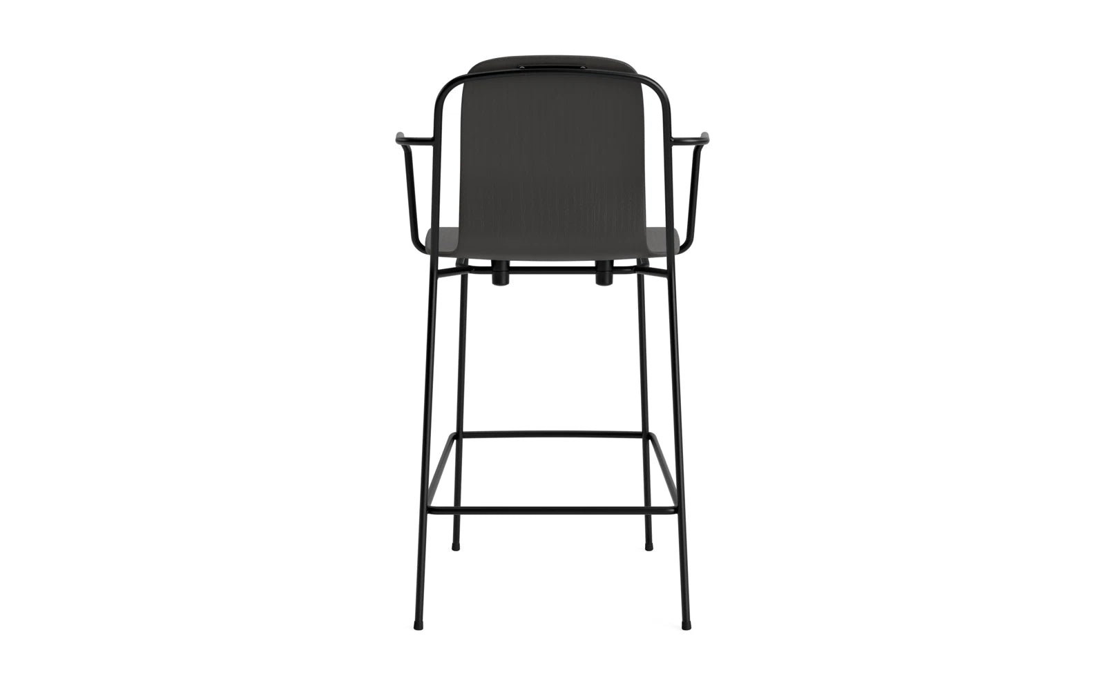 Entdecken Sie den eleganten Studio Barstuhl mit Armlehne von Normann Copenhagen. Mit 65 cm Sitzhöhe und einem modernen, luftigen Design aus schwarzem Stahl ist er ideal für stilvolle Wohn- und Gastronomieräume.