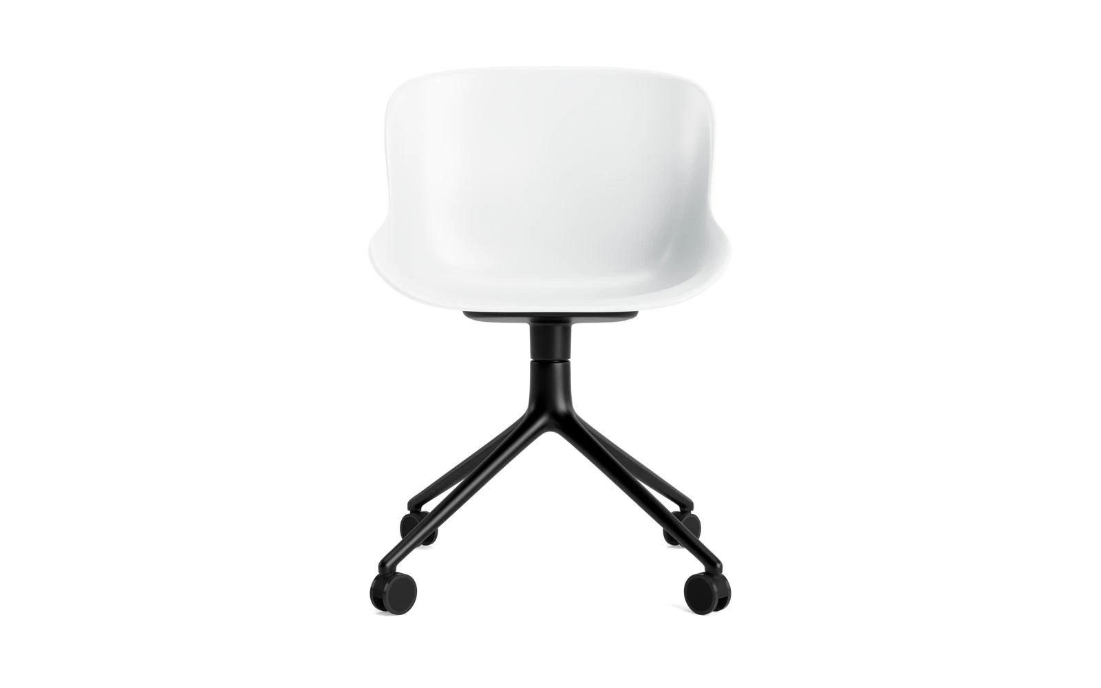 Erleben Sie den Hyg Drehstuhl 4W von Normann Copenhagen – ein eleganter Drehstuhl aus schwarzem Aluminium und weißer Sitzschale, der Gemütlichkeit und Stil vereint.