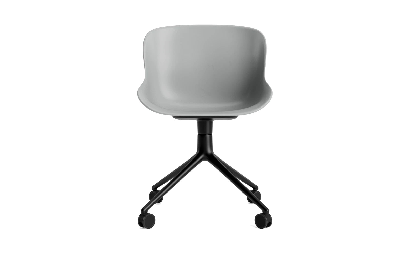 Erleben Sie den Hyg Drehstuhl 4W von Normann Copenhagen – ein eleganter Drehstuhl aus schwarzem Aluminium mit grauem Bezug, der Gemütlichkeit und Stil in Ihr Zuhause bringt.