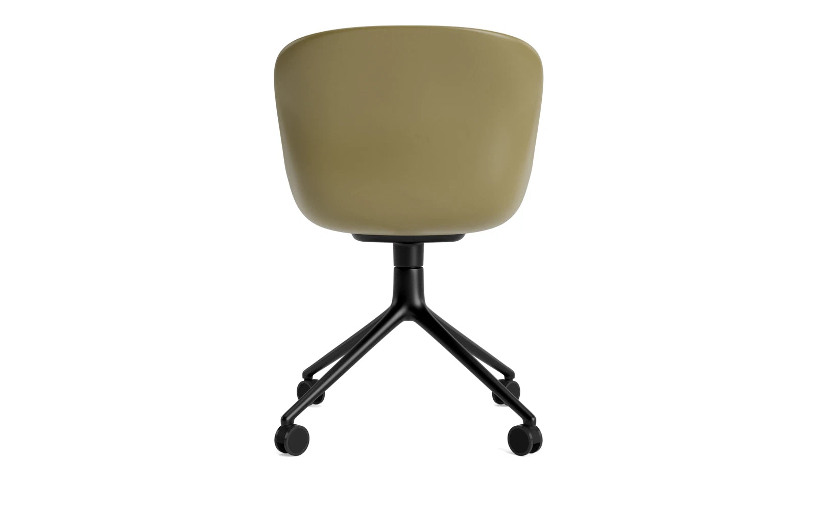 Erleben Sie den Hyg Drehstuhl 4W von Normann Copenhagen: Stilvolle Kombination aus schwarzem Aluminium und Olivenfarbe, die Gemütlichkeit und skandinavisches Flair vereint.