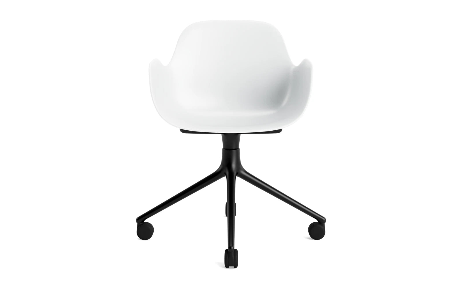 Stilvoller Form Drehsessel 4W von Normann Copenhagen: Schwarzes Aluminium trifft auf eine elegante weiße Sitzschale – ideal für Büro und Zuhause.