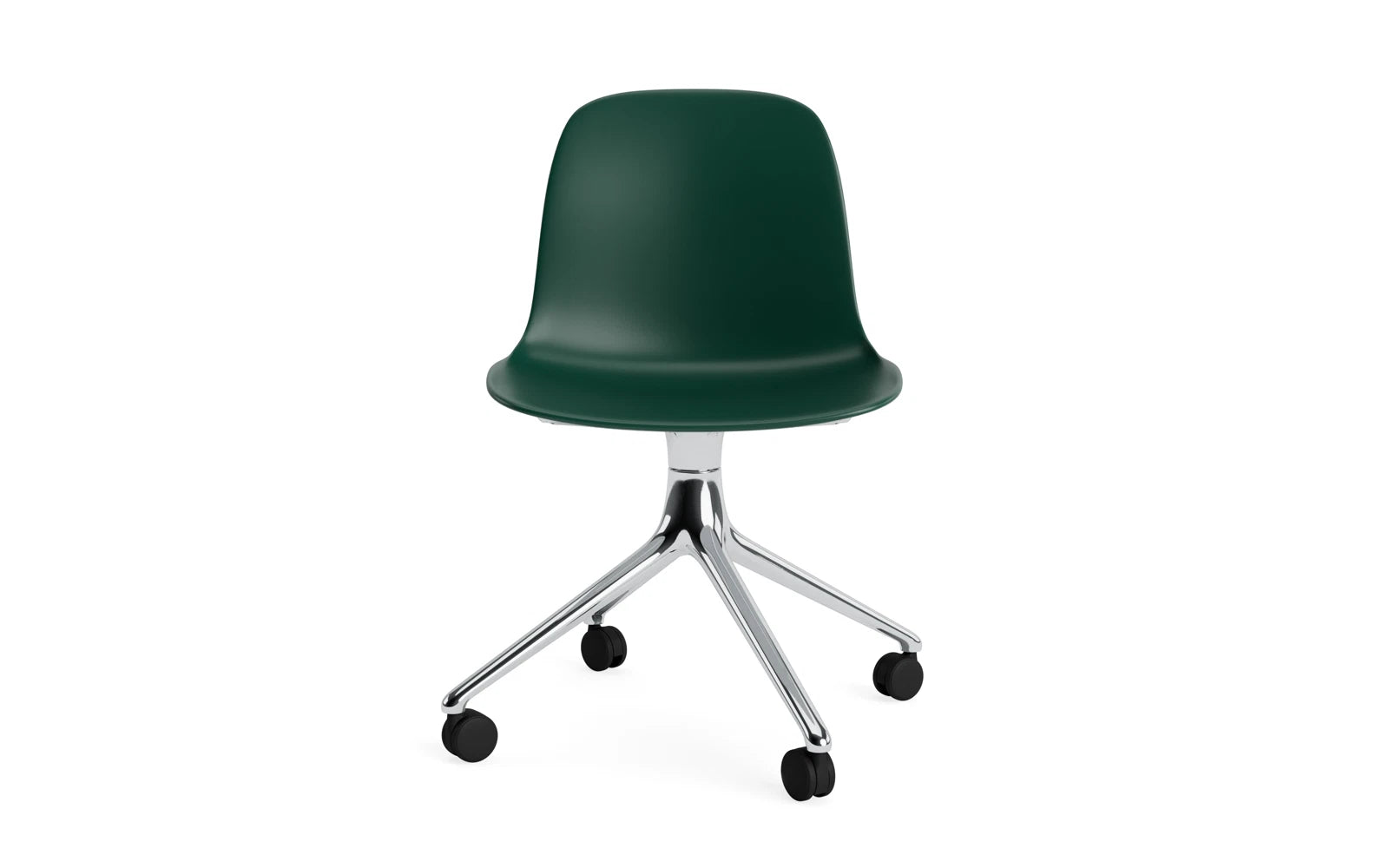 Erleben Sie den Form Drehstuhl 4W Aluminium/Grün von Normann Copenhagen – ein modernes Designhighlight, das Stil und Komfort in jedem Raum bietet.