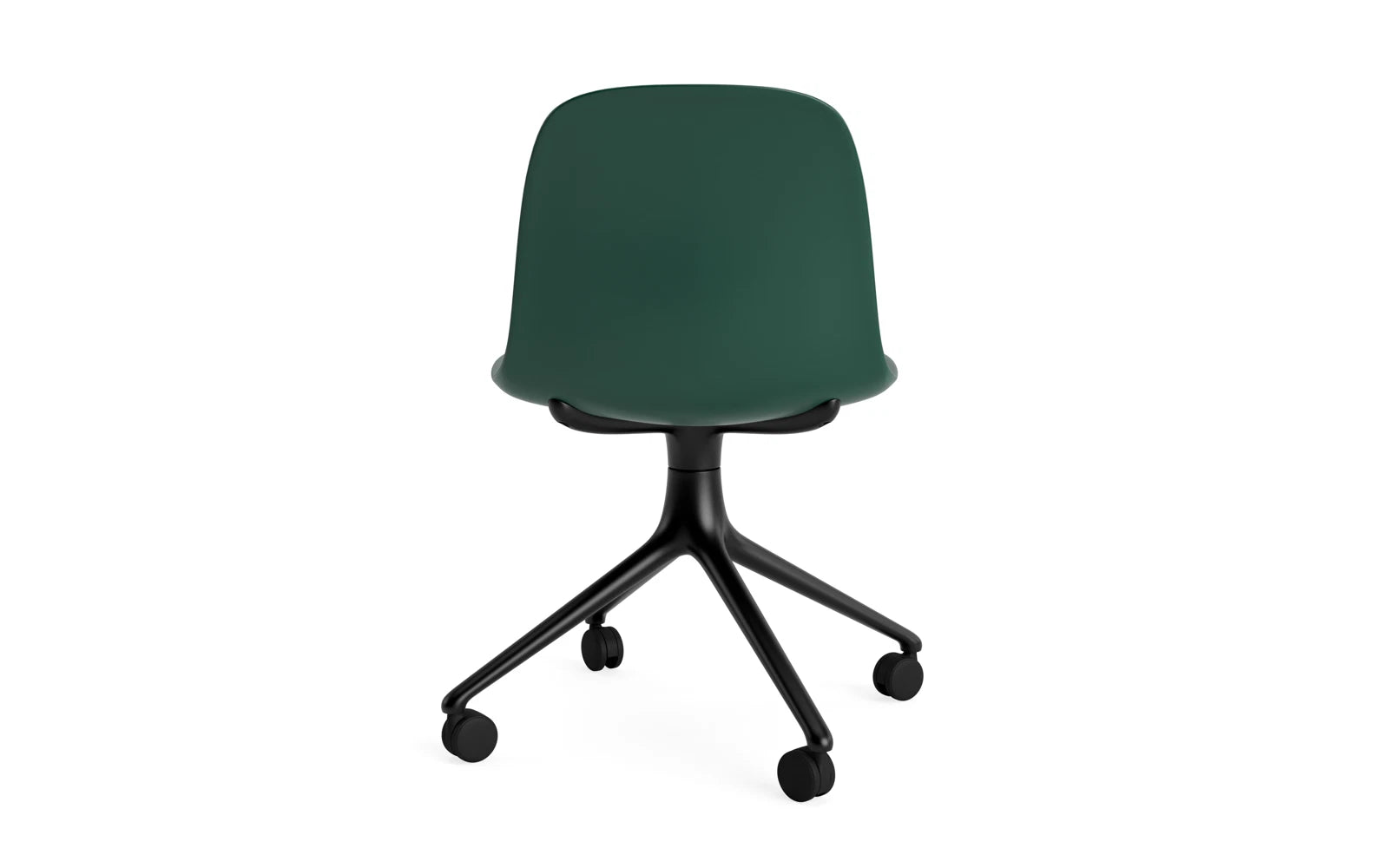 Erleben Sie den Form Drehstuhl 4W von Normann Copenhagen: stilvolles, robustes Design aus schwarzem Aluminium und grünem Komfort, ideal für jeden Einsatz.