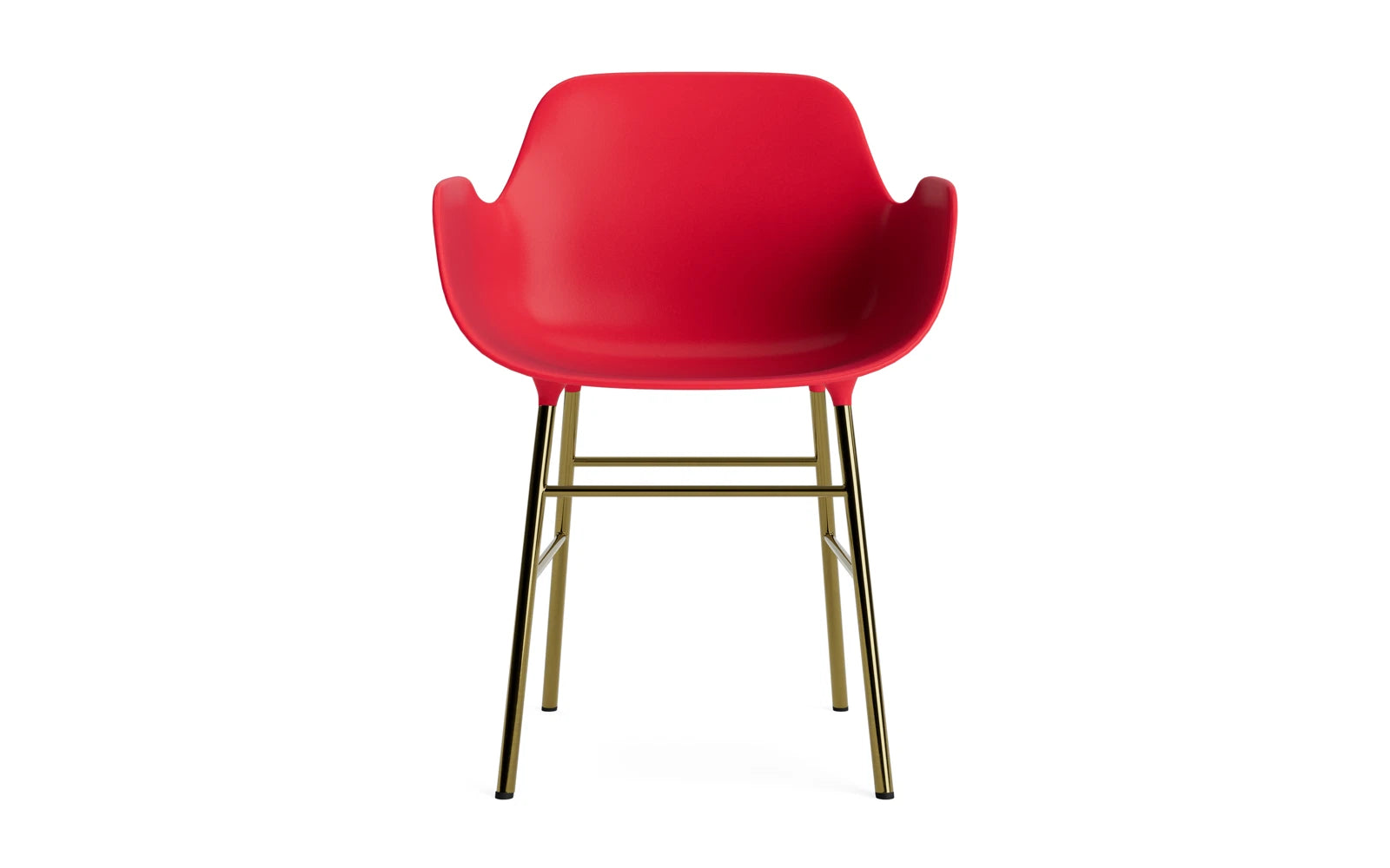 Erleben Sie den Form Lehnstuhl in strahlendem Rot und edlem Messing von Normann Copenhagen – ein modernes Design-Statement für jeden Raum.