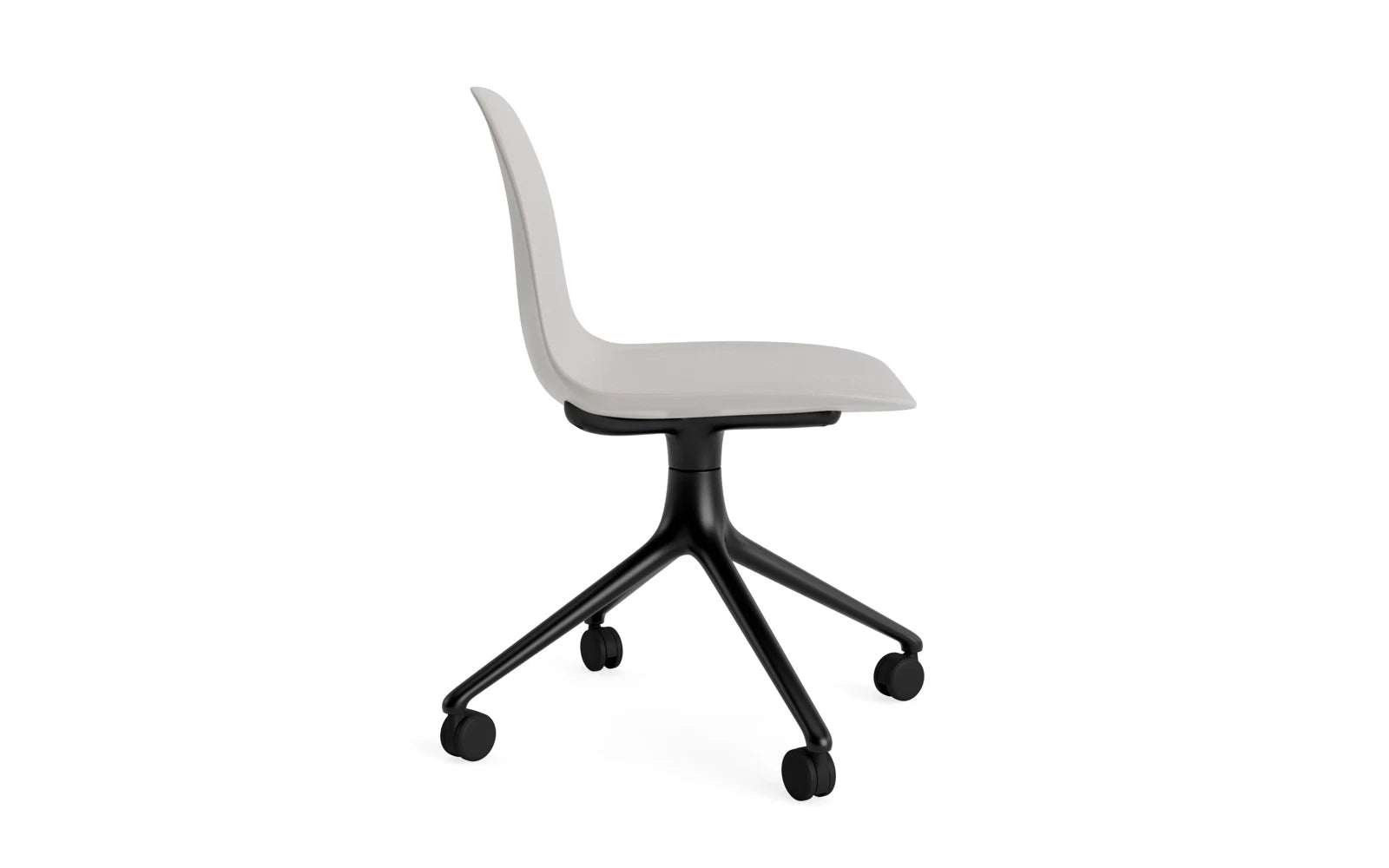 Entdecken Sie den Form Drehstuhl 4W von Normann Copenhagen: Elegantes Design in schwarzem Aluminium und warmem Grau, ideal für moderne Büros und stilvolle Räume.