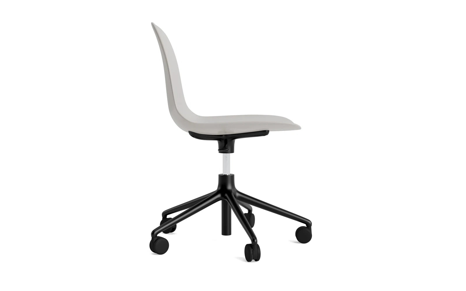 Eleganter Form Drehstuhl mit Rollen in warmem Grau und schwarzem Aluminium. Ideal für moderne Büros und stilvolle Wohnräume.