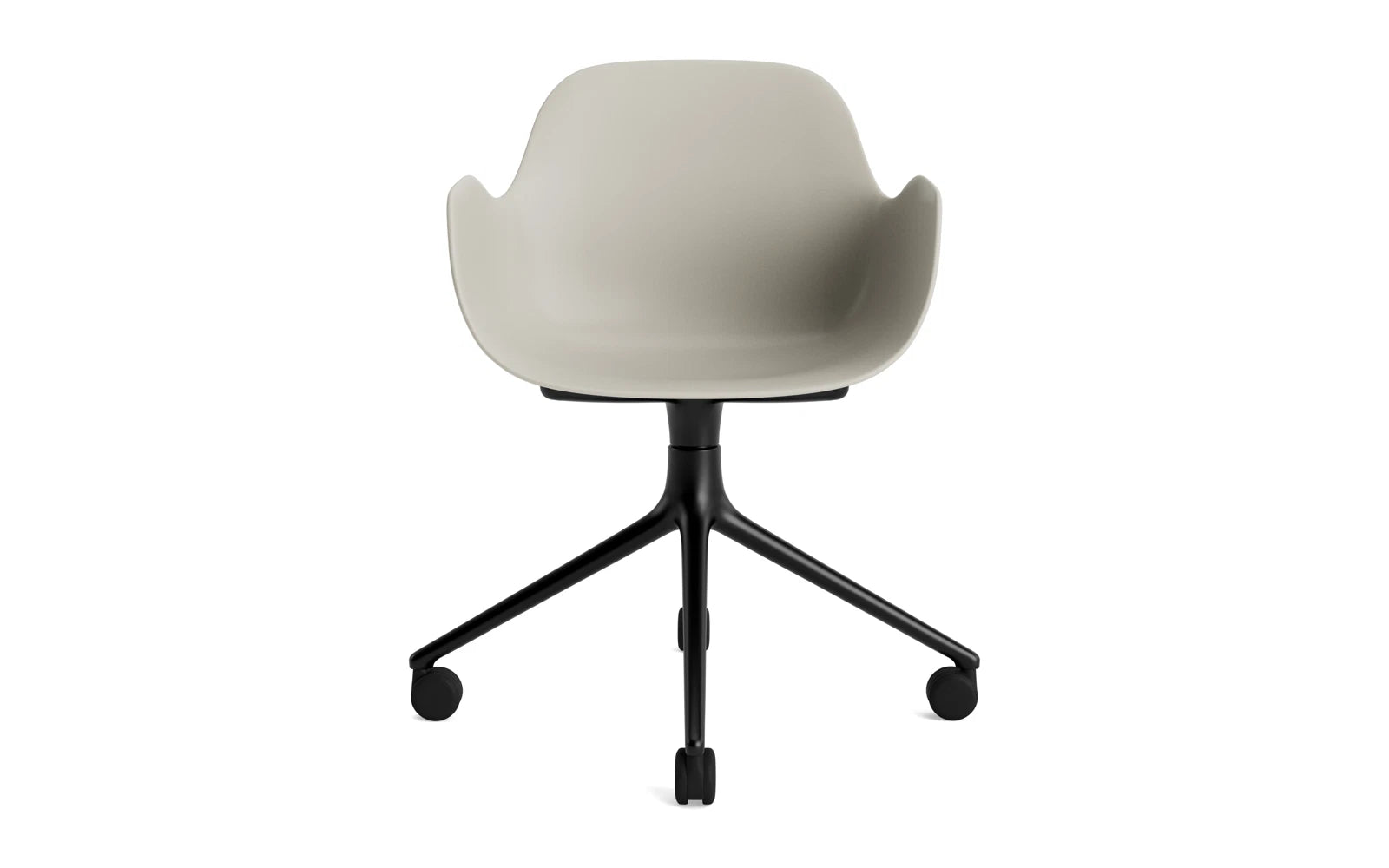 Erleben Sie den Form Drehsessel 4W von Normann Copenhagen: stilvolles, drehbares Design aus schwarzem Aluminium und hellgrauer Polsterung für vielseitige Einsatzmöglichkeiten.