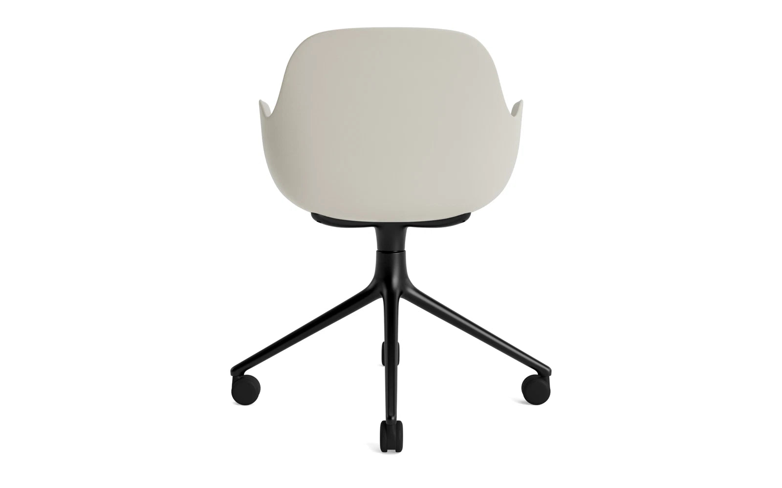 Erleben Sie den Form Drehsessel 4W von Normann Copenhagen: stilvolles, drehbares Möbelstück aus schwarzem Aluminium und hellgrauer Polsterung für vielseitige Einsatzmöglichkeiten.