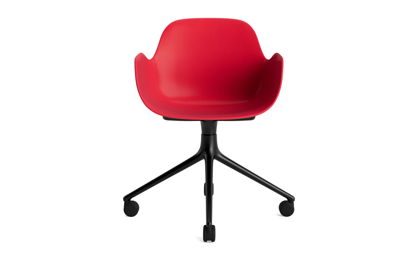 Erleben Sie den Form Drehsessel 4W von Normann Copenhagen: Ein stilvoller Drehstuhl aus robustem schwarzem Aluminium und strahlendem Rot, der jeden Raum aufwertet.