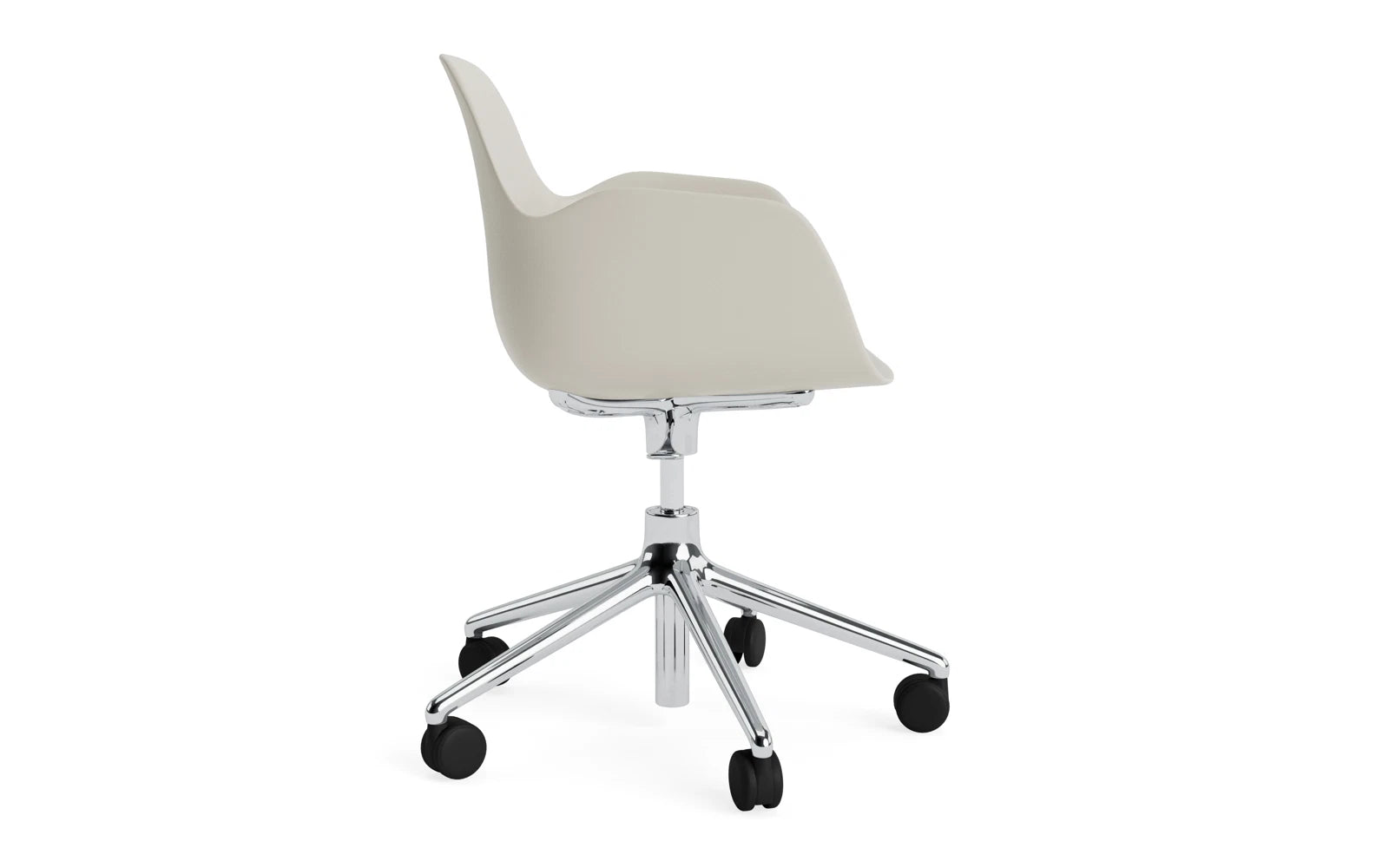 Entdecken Sie den Form Drehsessel mit Rollen in stilvollem Hellgrau und Aluminium – ideal für modernes Wohnen und Arbeiten.