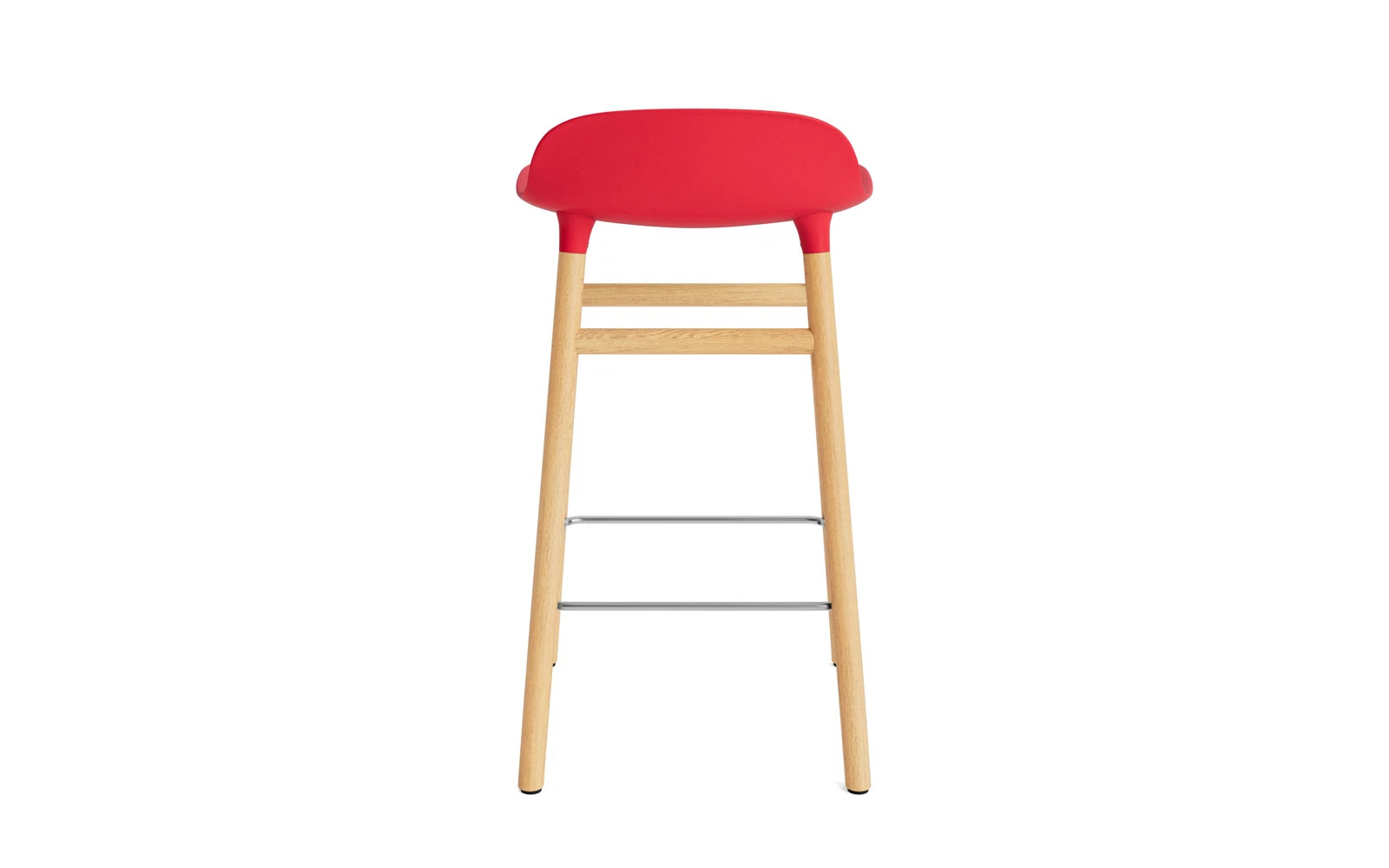 Erleben Sie den Form Barstuhl 65 cm in strahlendem Rot/Eiche – ein elegantes Möbelstück, das Funktionalität und skandinavisches Design vereint!