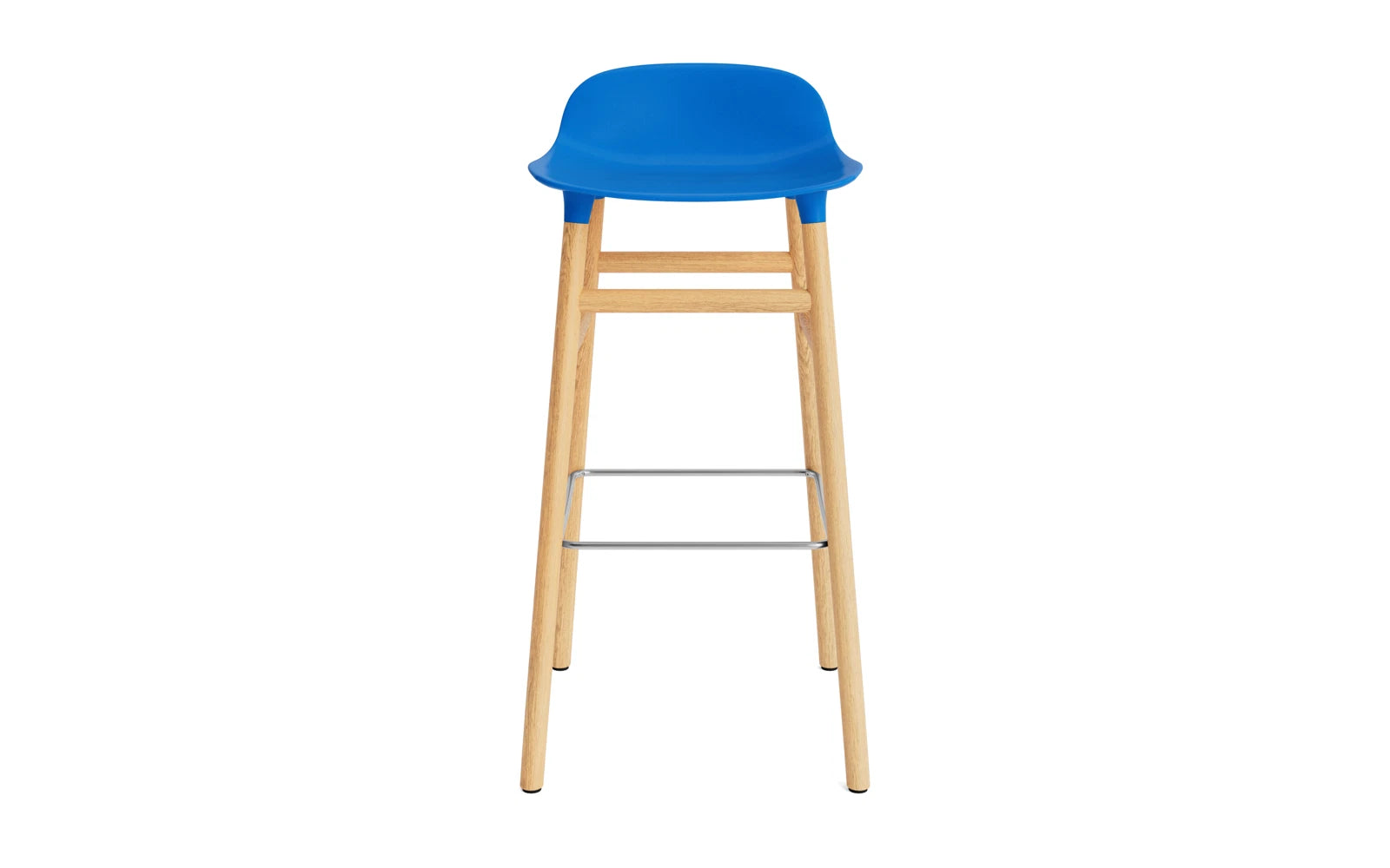 Erleben Sie den Form Barstuhl 75 cm in strahlendem Blau und Eichenholz – ein elegantes, komfortables Möbelstück für jeden Raum.