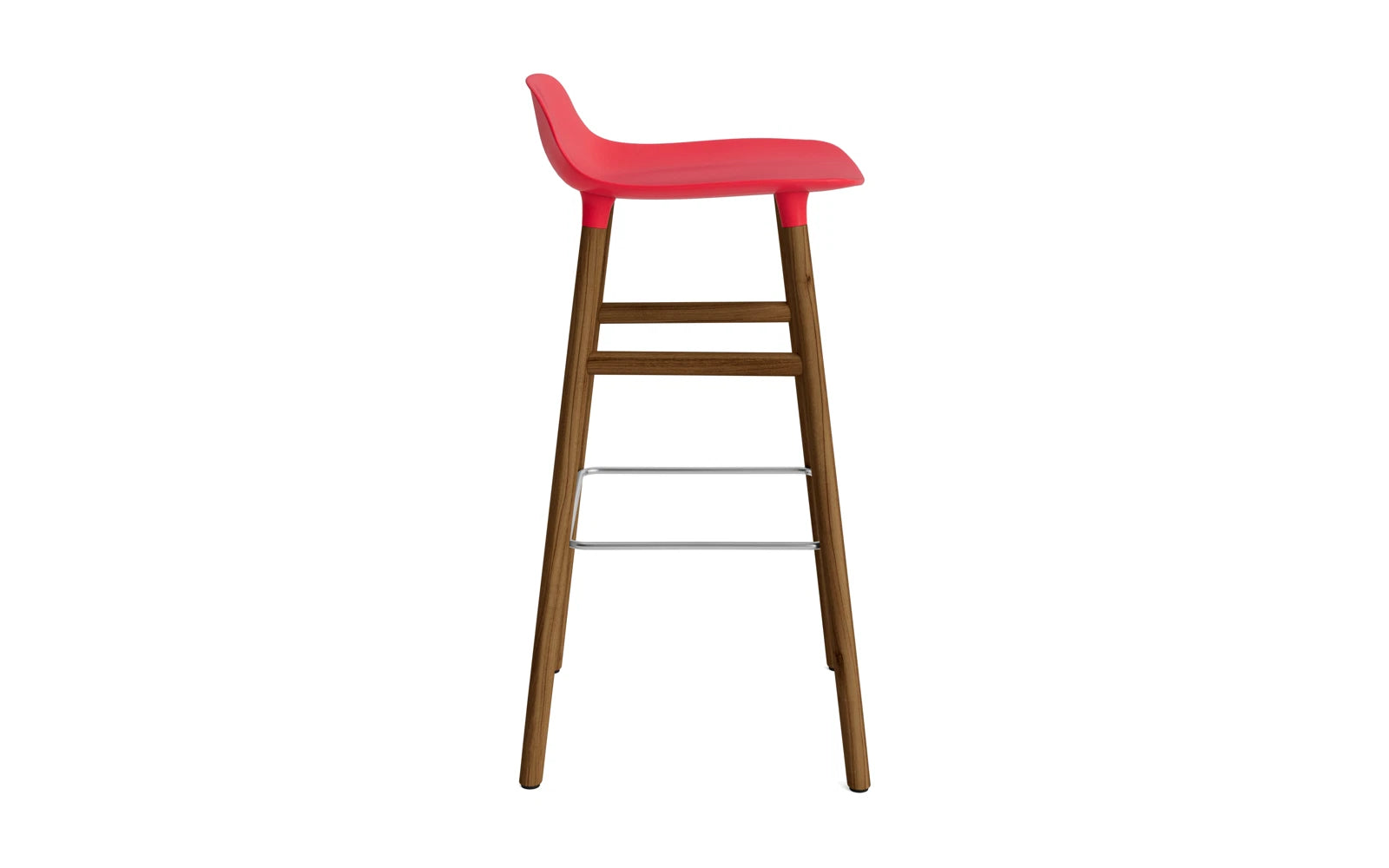 Entdecken Sie den Form Barstuhl von Normann Copenhagen in leuchtendem Rot und Walnuss. Ideal für hohe Theken, vereint er modernes Design mit Funktionalität.