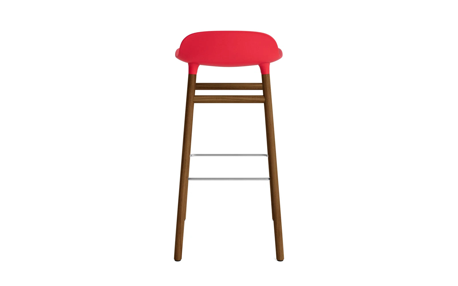 Erleben Sie den Form Barstuhl von Normann Copenhagen in strahlendem Rot und edlem Walnuss. Perfekt für stilvolle Bars und moderne Wohnräume.