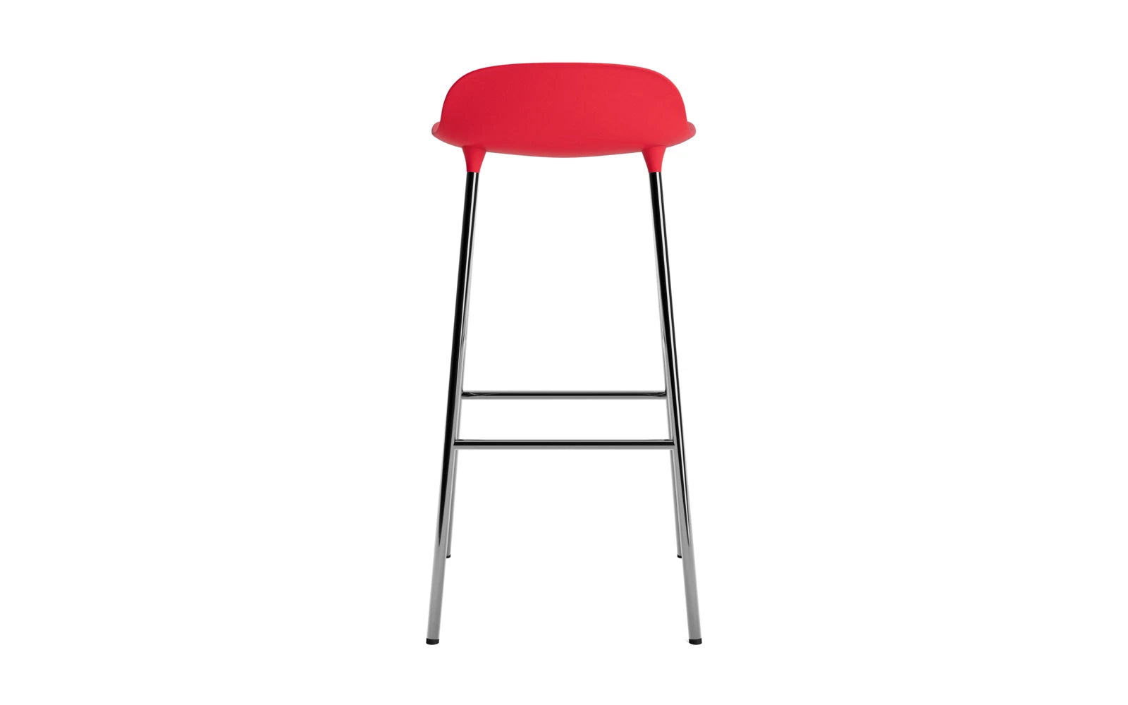 Erleben Sie den Form Barstuhl 75 cm in strahlendem Rot und Chrom – ein stilvolles Möbelstück, das Komfort und modernes Design vereint!
