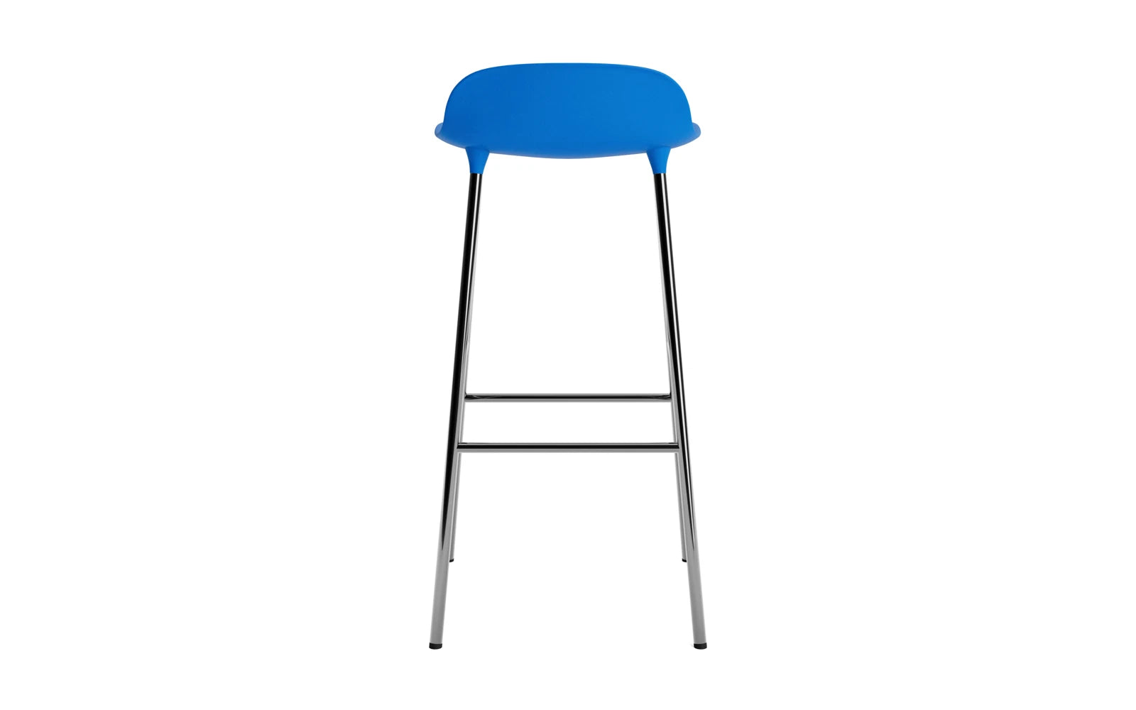 Erleben Sie den Form Barstuhl 75 cm in strahlendem Blau und elegantem Chrom – ein stilvolles Möbelstück, das modernes Design und Komfort vereint!