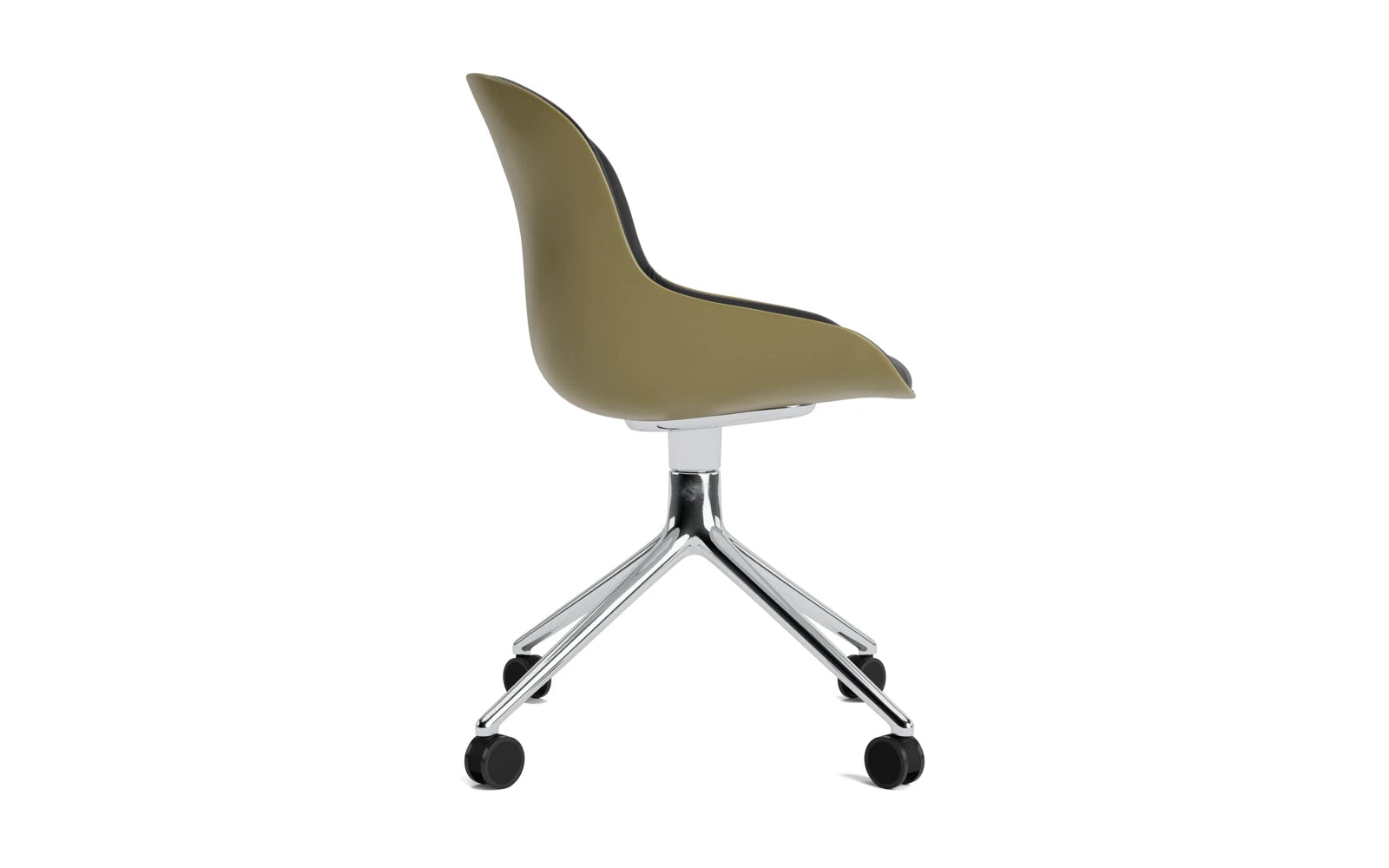 Erleben Sie den Hyg Drehstuhl 4W von Normann Copenhagen – ein stilvoller Drehstuhl in Aluminium Olive/Ultra, der Komfort und dänische Hygge perfekt kombiniert.