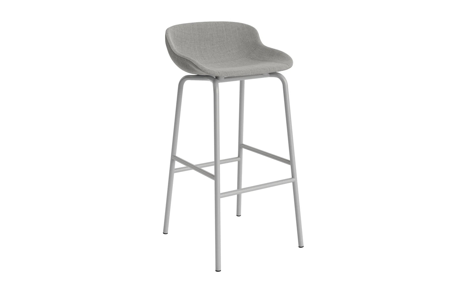 Entdecken Sie den stilvollen Hyg Barhocker von Normann Copenhagen: 75 cm hoch, vollgepolstert in Grau mit einer stabilen Stahlkonstruktion.
