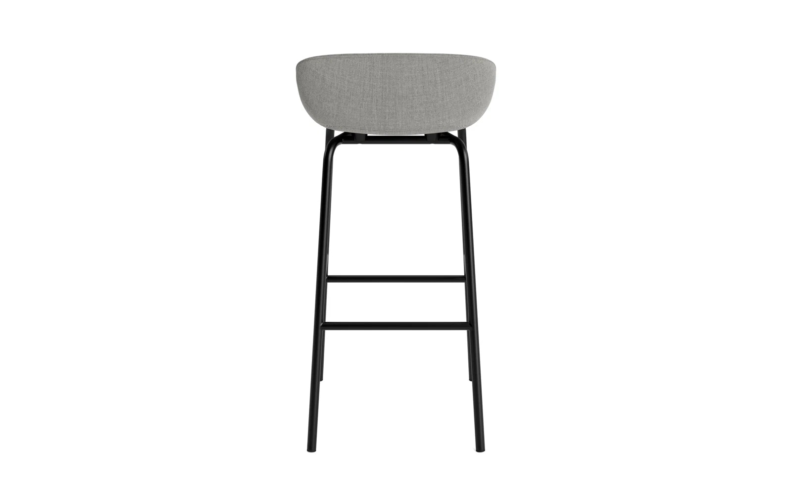 Entdecken Sie den Hyg Barhocker von Normann Copenhagen: 75 cm hoch, stilvoll gepolstert in Grau und gefertigt aus langlebigem Stahl für höchsten Sitzkomfort.