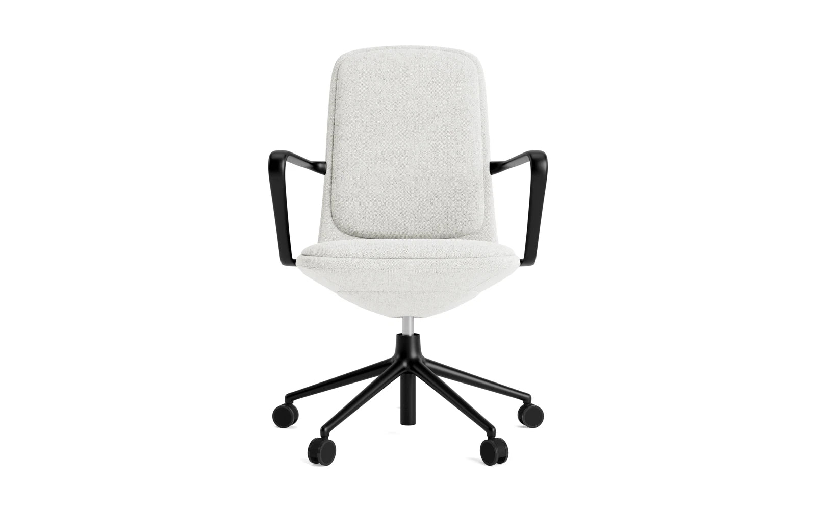 Entdecken Sie den Off Armchair niedrig 5W Gaslift von Normann Copenhagen – ein stilvoller Bürostuhl aus schwarzem Aluminium mit Hallingdal-Kissen, ideal für modernes Arbeiten.