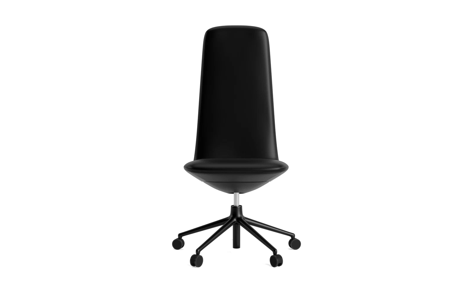 Entdecken Sie den Off Chair Hoch von Normann Copenhagen: Ein stilvoller Bürostuhl mit Gaslift, Drehgestell und Rollen aus schwarzem Aluminium. Ideal für modernes Arbeiten.