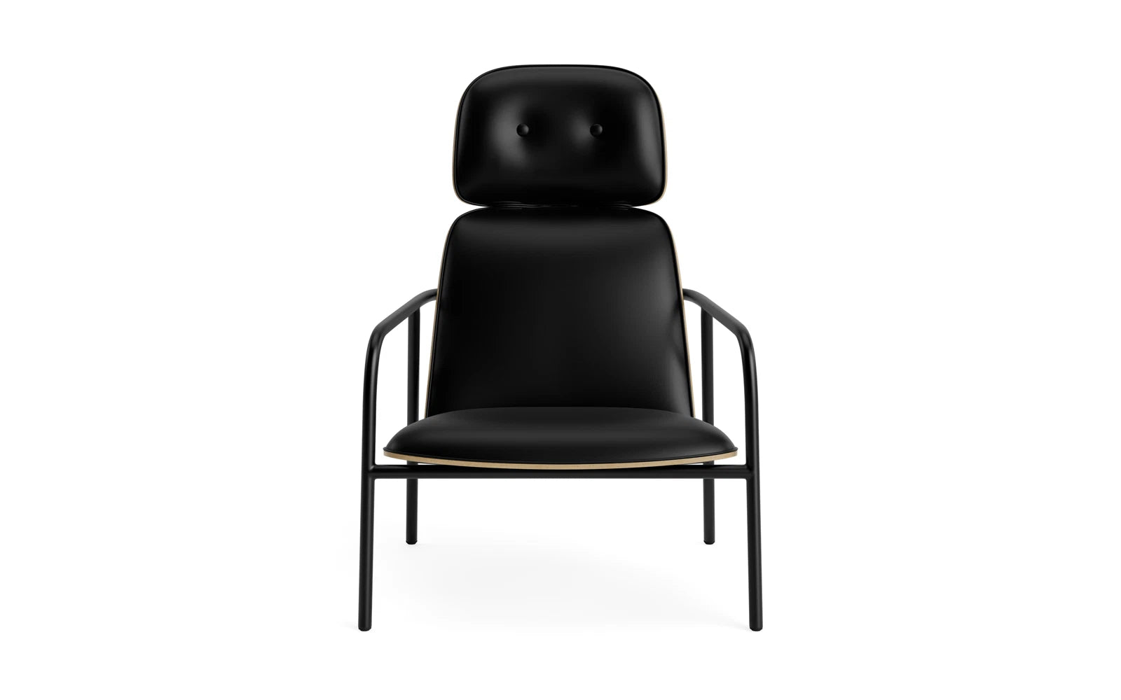 Entdecken Sie den Pad Lounge-Sessel von Normann Copenhagen: Hochwertiger Komfort trifft auf modernes Design mit schwarzem Stahl und Eiche.