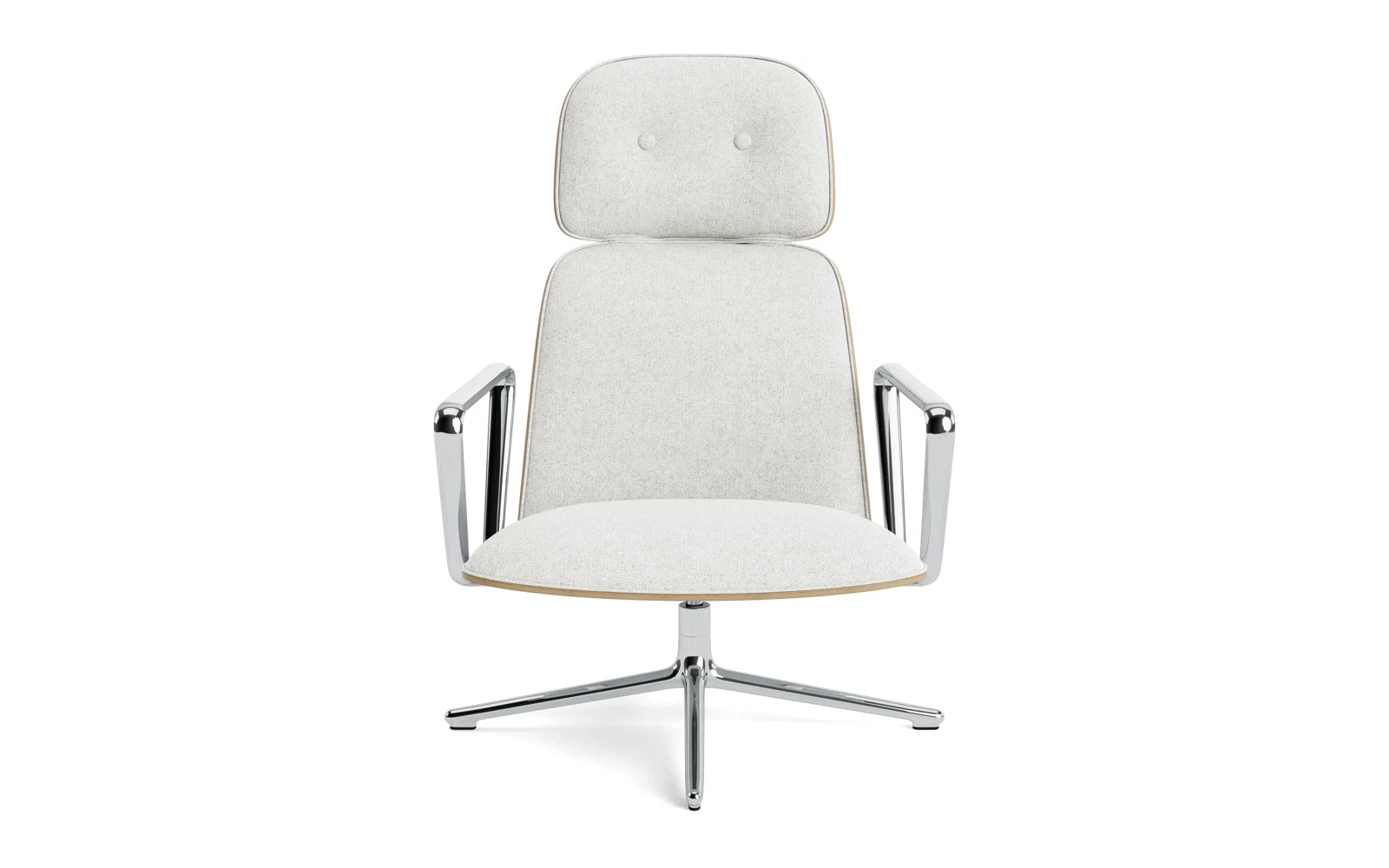 Entdecken Sie den eleganten Pad Lounge-Sessel hoch mit Drehgestell aus Aluminium und Eiche von Normann Copenhagen – Komfort trifft auf zeitloses Design.