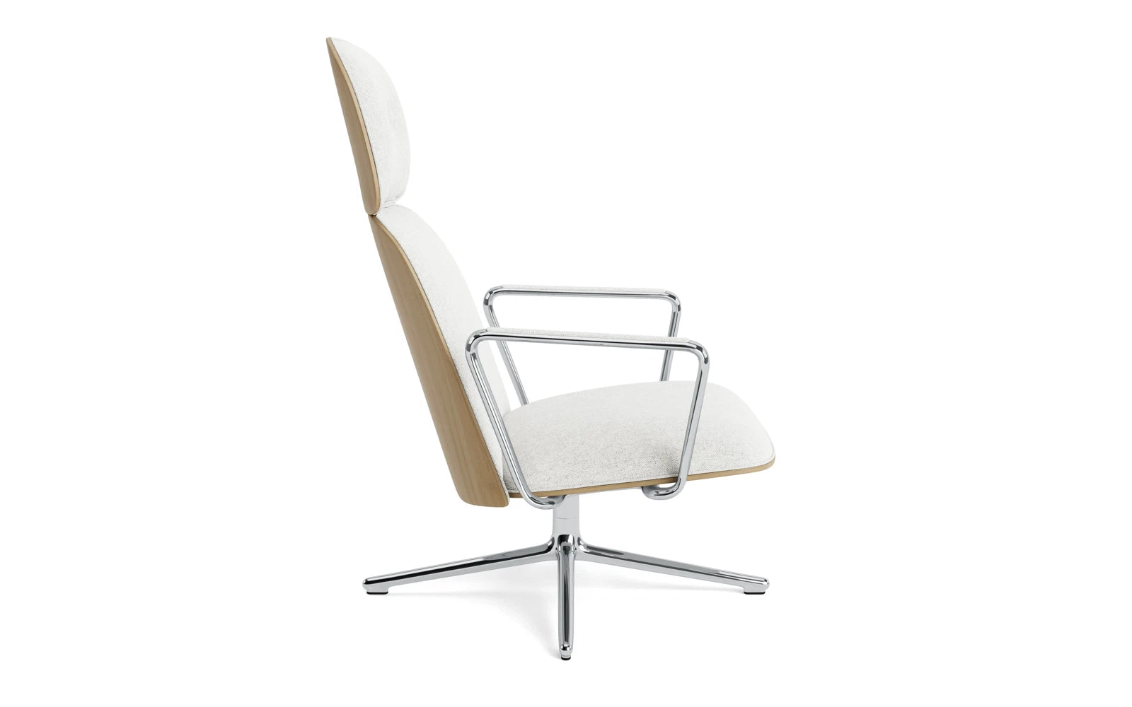 Erleben Sie den Pad Lounge-Sessel hoch von Normann Copenhagen – eine harmonische Verbindung aus hochwertigem Eichenfurnier und modernem Aluminium, ideal für stilvolle Räume.