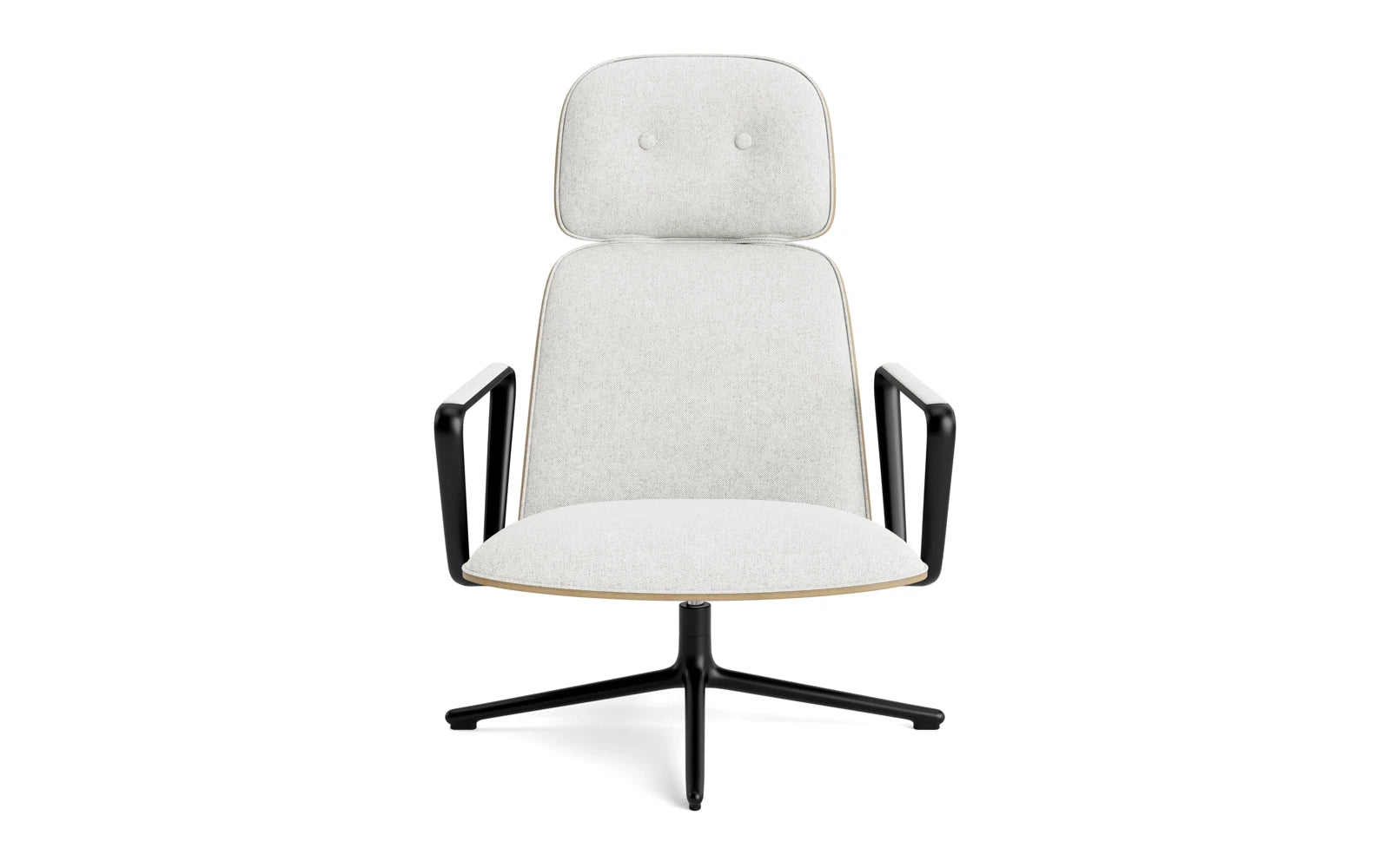 Entdecken Sie den stilvollen Pad Lounge-Sessel hoch mit Drehgestell aus schwarzem Aluminium und Eiche/Hallingdal von Normann Copenhagen – ideal für moderne Wohnräume.