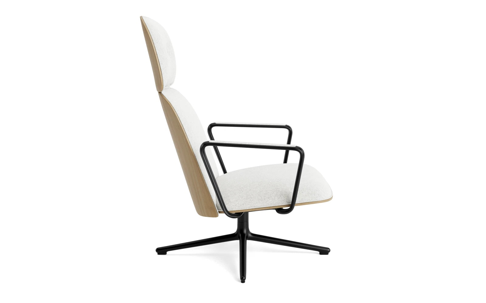 Erleben Sie den eleganten Pad Lounge-Sessel hoch mit Drehgestell in Schwarz Aluminium und Eiche/Hallingdal von Normann Copenhagen – der perfekte Komfort für Ihr Zuhause.