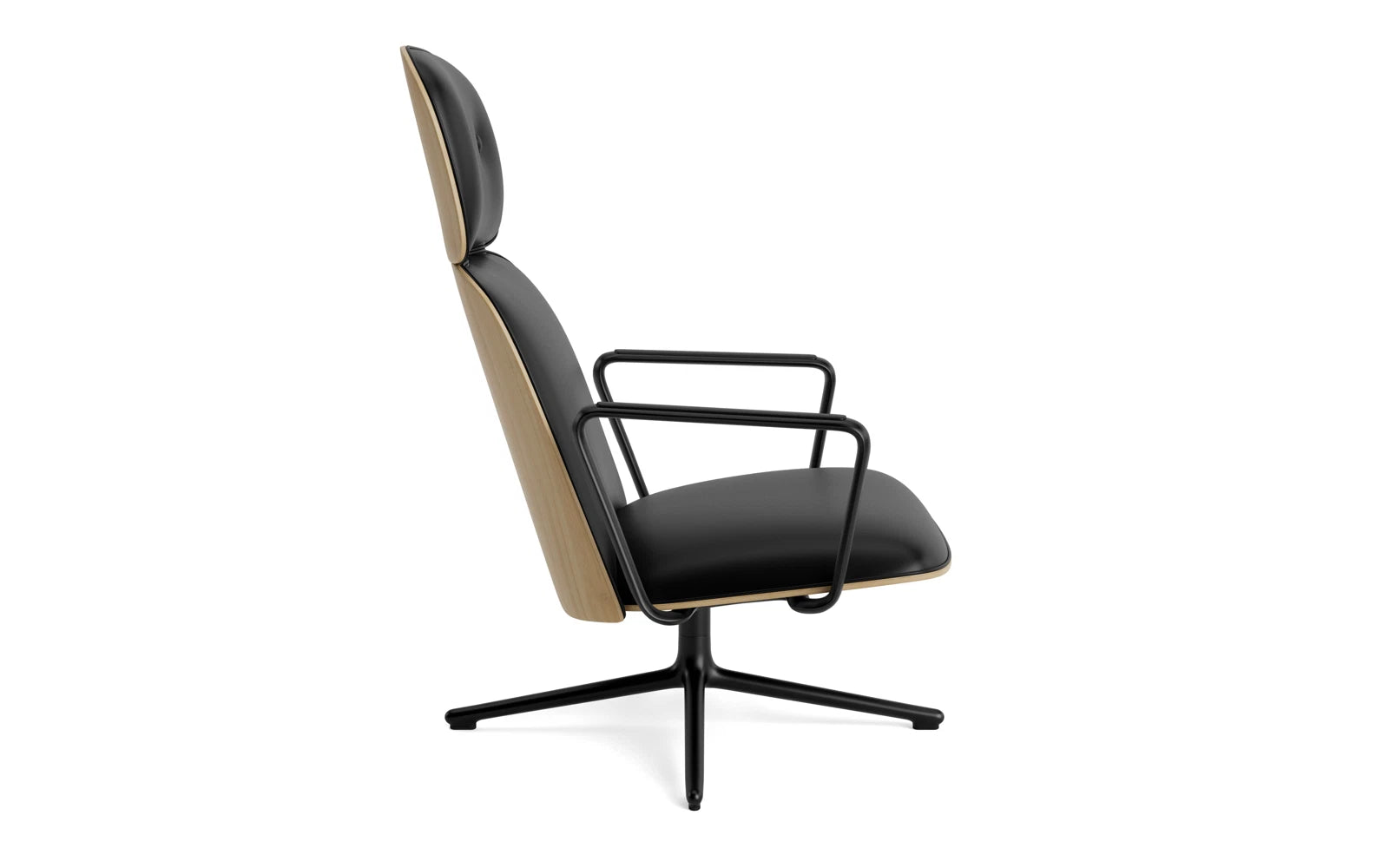 Erleben Sie den Pad Lounge-Sessel hoch mit Drehgestell in Schwarz Alu Eiche/Ultra von Normann Copenhagen – ein Meisterwerk für stilvolle Entspannung.