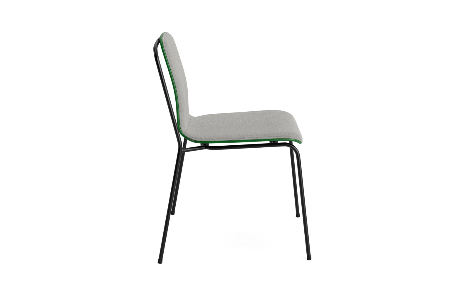 Erleben Sie den Studio Stuhl Frontpolster von Normann Copenhagen: Ein stilvolles Möbelstück aus schwarzem Stahl und grünem Remix-Stoff, das Funktionalität und Eleganz vereint.