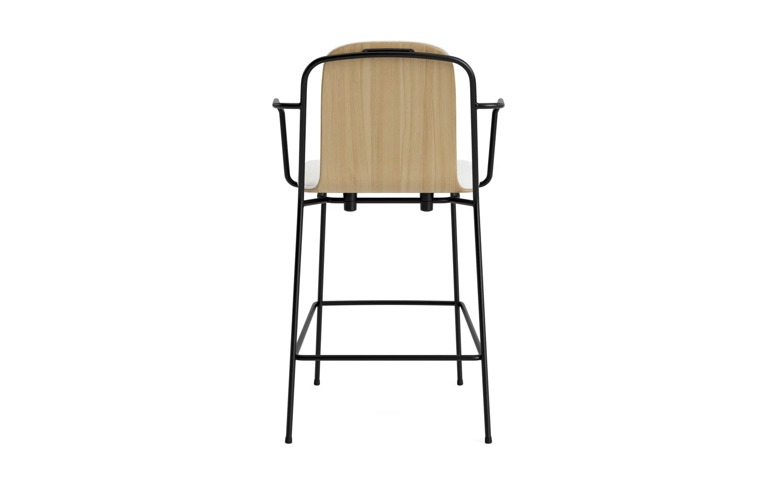Entdecken Sie den stilvollen Studio Barstuhl mit Armlehne von Normann Copenhagen. Mit 65 cm Sitzhöhe und einer eleganten Kombination aus schwarzem Stahl, Eiche und Hallingdal-Polsterung vereint er Komfort und modernes Design.