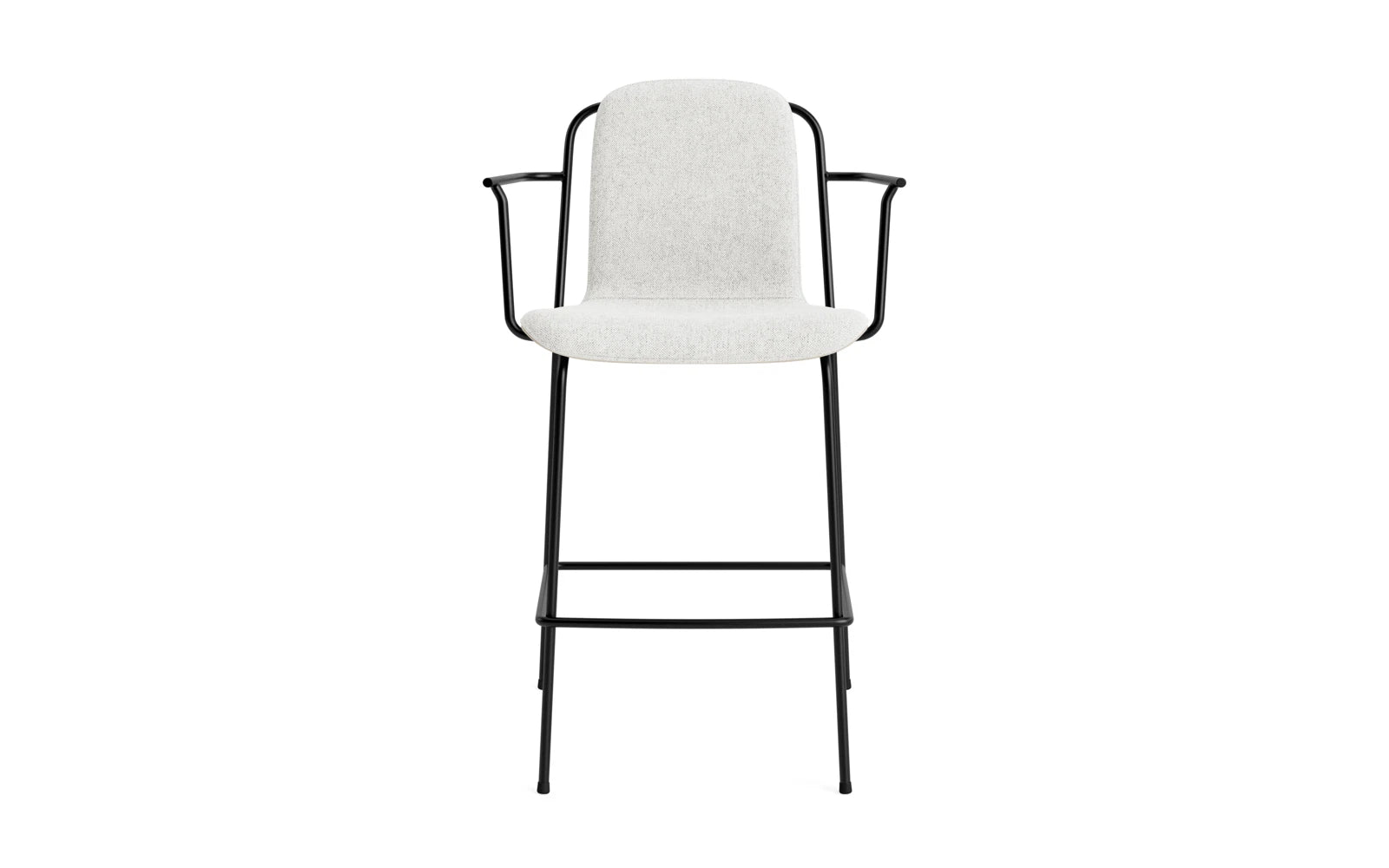 Entdecken Sie den eleganten Studio Barstuhl mit Armlehne von Normann Copenhagen. Mit 65 cm Sitzhöhe und stilvollem Design aus schwarzem Stahl und hellgrauem Hallingdal-Polster ist er ideal für moderne Wohn- und Gastronomieräume.