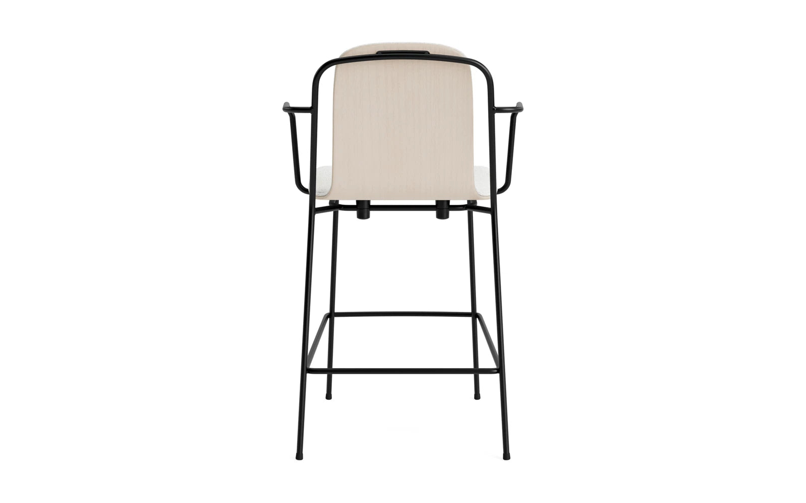 Entdecken Sie den eleganten Studio Barstuhl mit Armlehne von Normann Copenhagen. Mit 65 cm Sitzhöhe und einer stilvollen Kombination aus schwarzem Stahl und hellgrauem Hallingdal-Polster vereint er Komfort und modernes Design für jeden Raum.