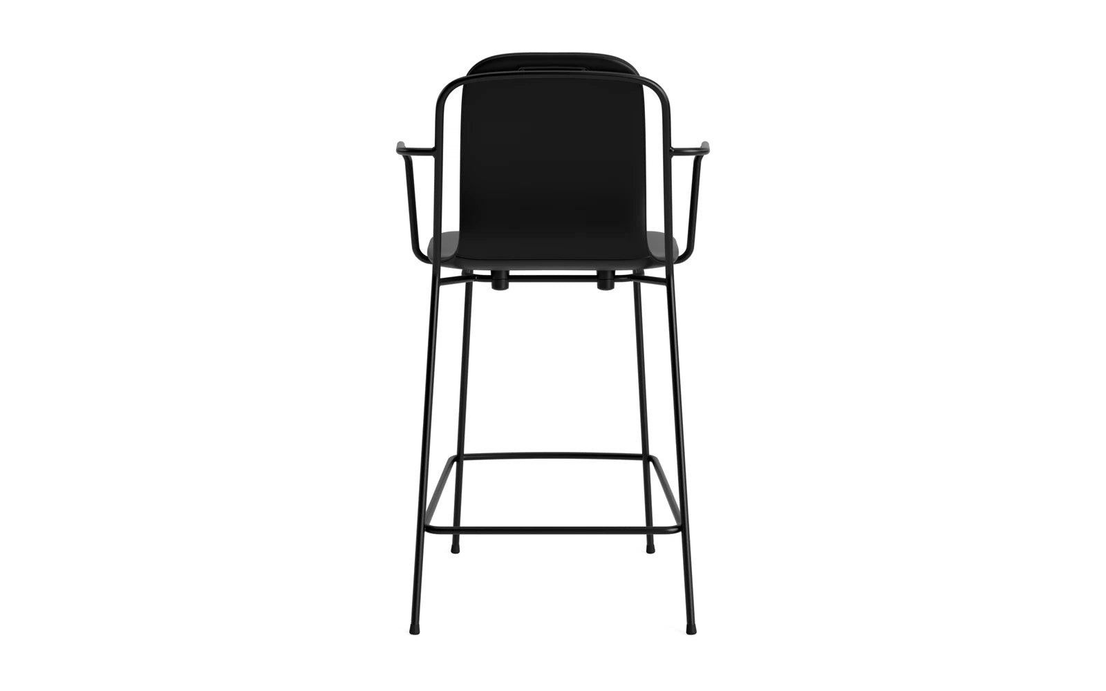 Entdecken Sie den stilvollen Studio Barstuhl mit Armlehne von Normann Copenhagen. Gepolstert, 65 cm hoch, aus elegantem schwarzem Stahl – ideal für modernes Wohnen.